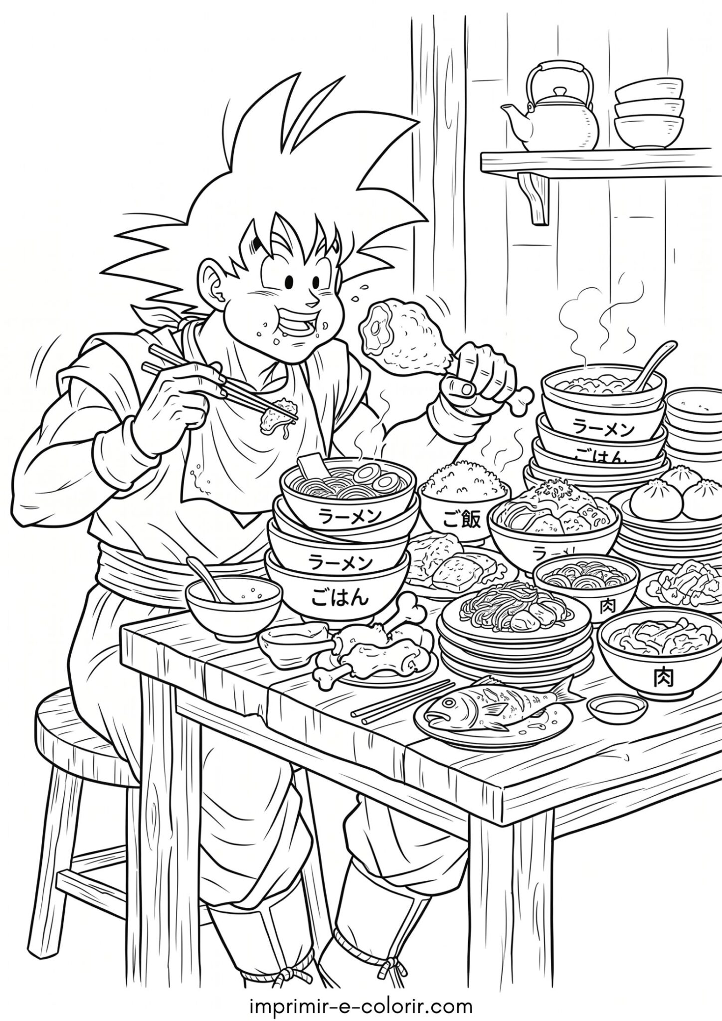 Desenho de Goku comendo muito para colorir e imprimir Desenho de Goku comendo muito para colorir e imprimir