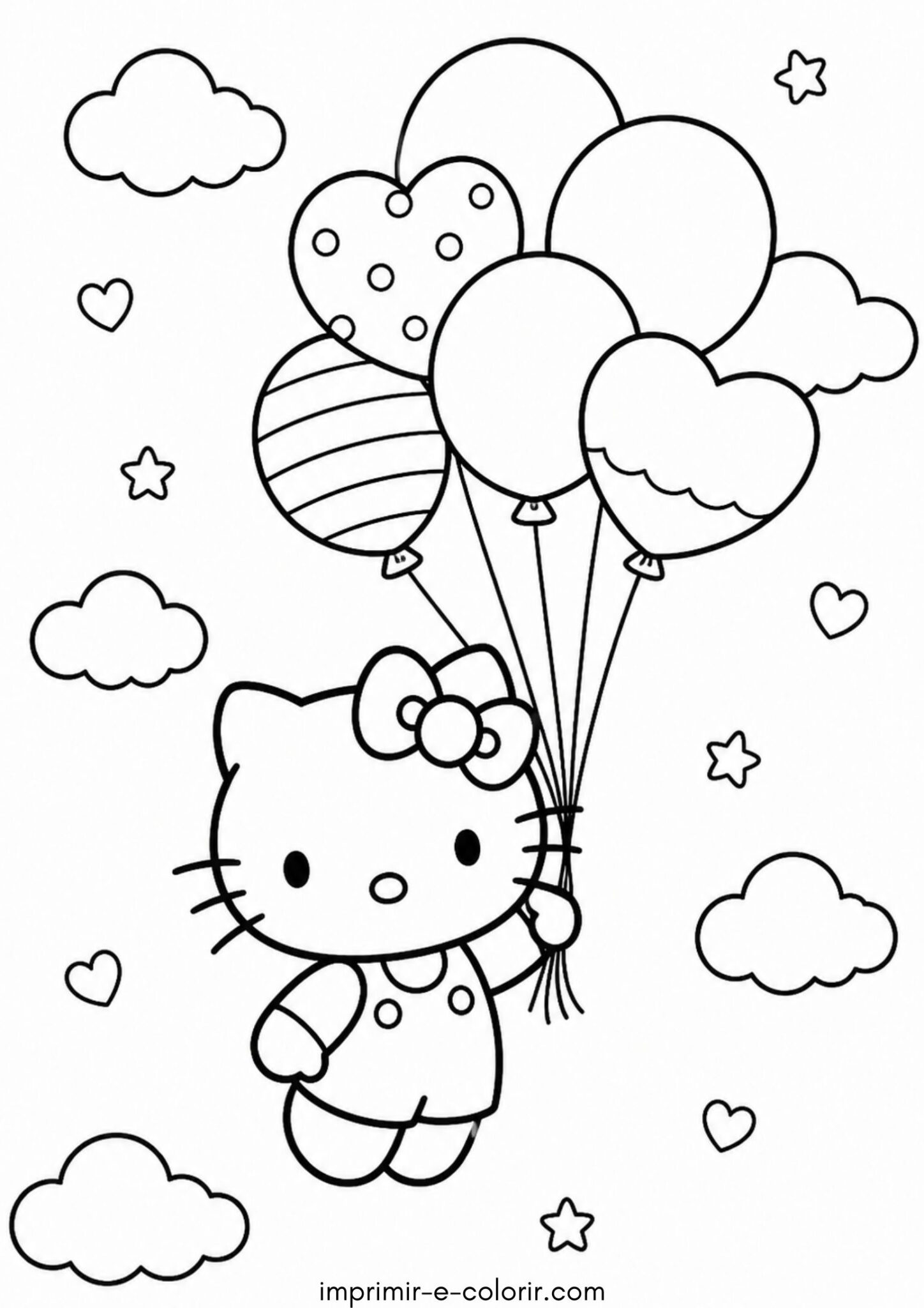 Desenho de Hello Kitty com balões para colorir e imprimir