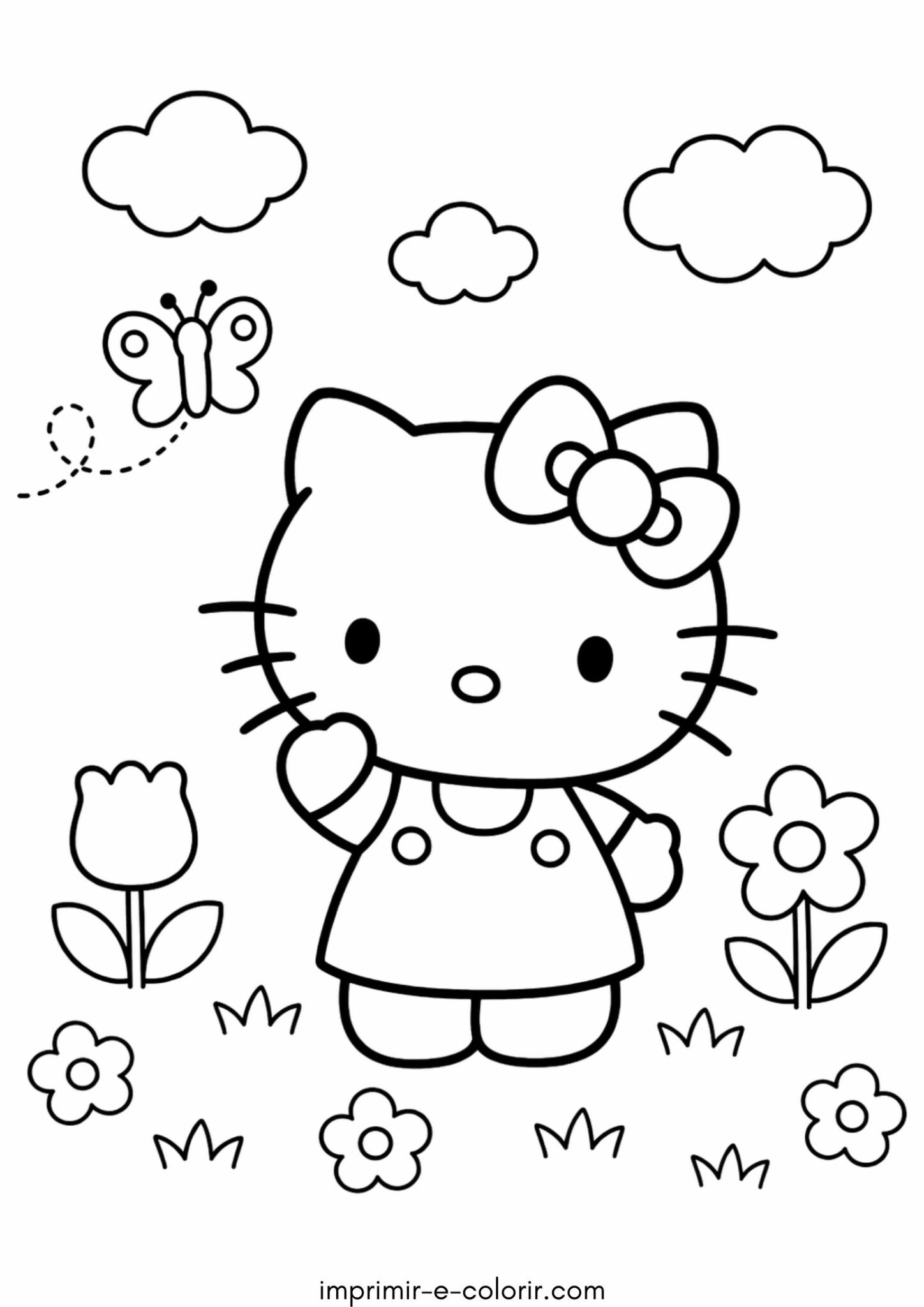 Desenho de Hello Kitty com laço para colorir e imprimir