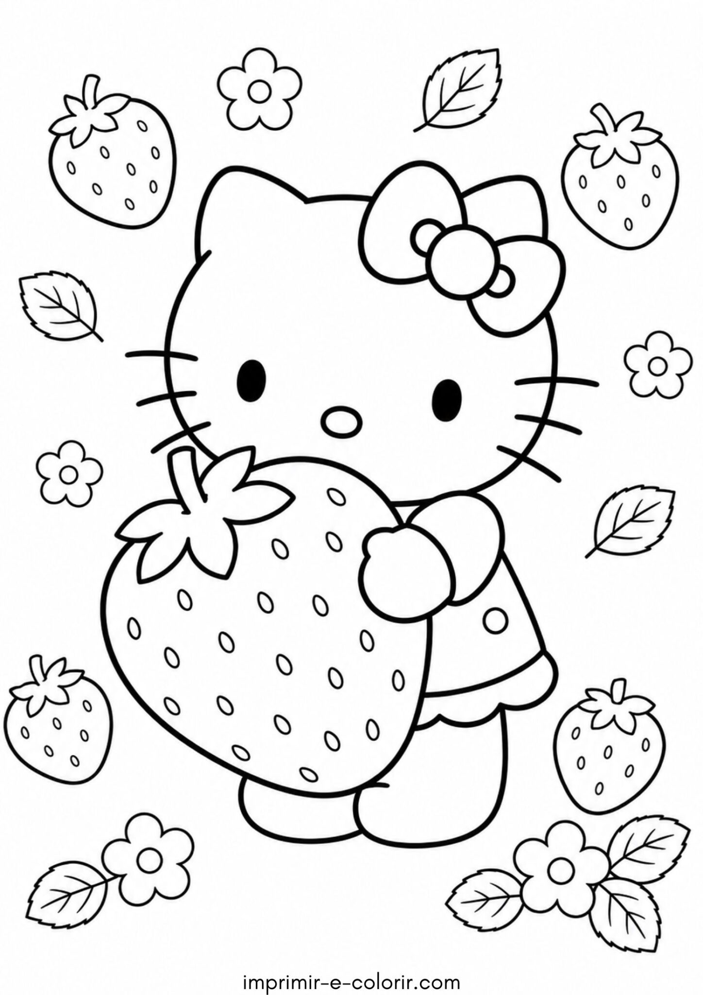 Desenho de Hello Kitty com um morango grande para colorir e imprimir