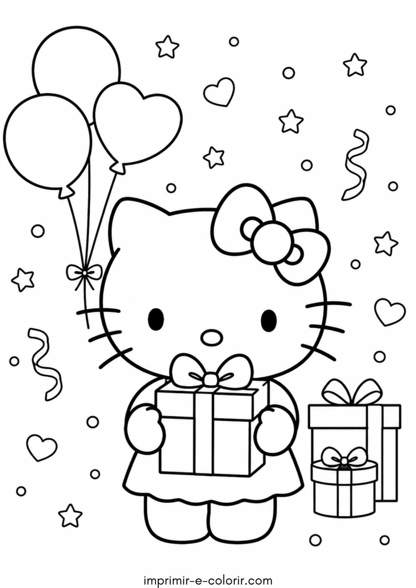 Desenho de Hello Kitty com um presente para colorir e imprimir