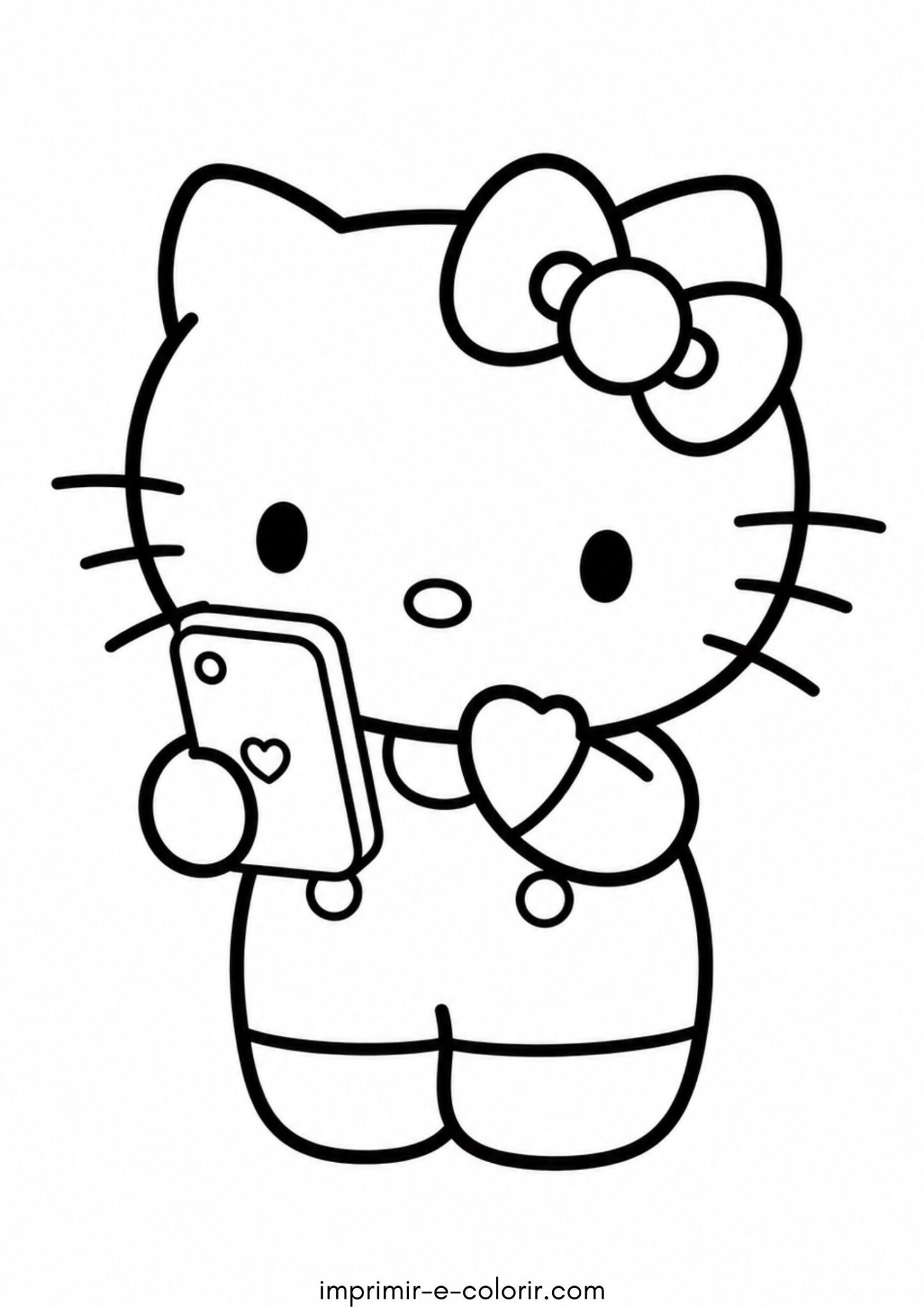 Desenho de Hello Kitty com um telefone para colorir e imprimir