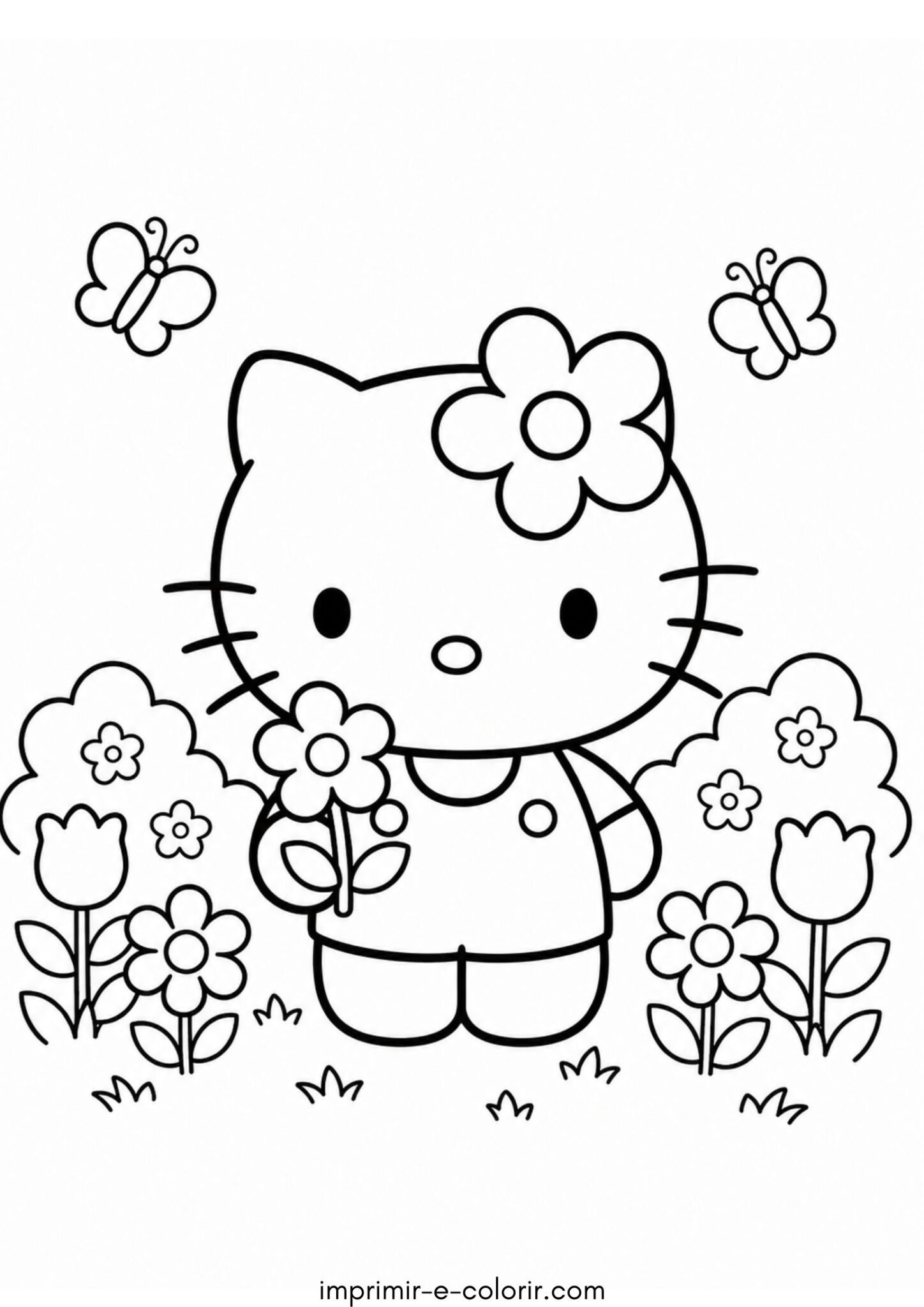 Desenho de Hello Kitty com uma flor para colorir e imprimir