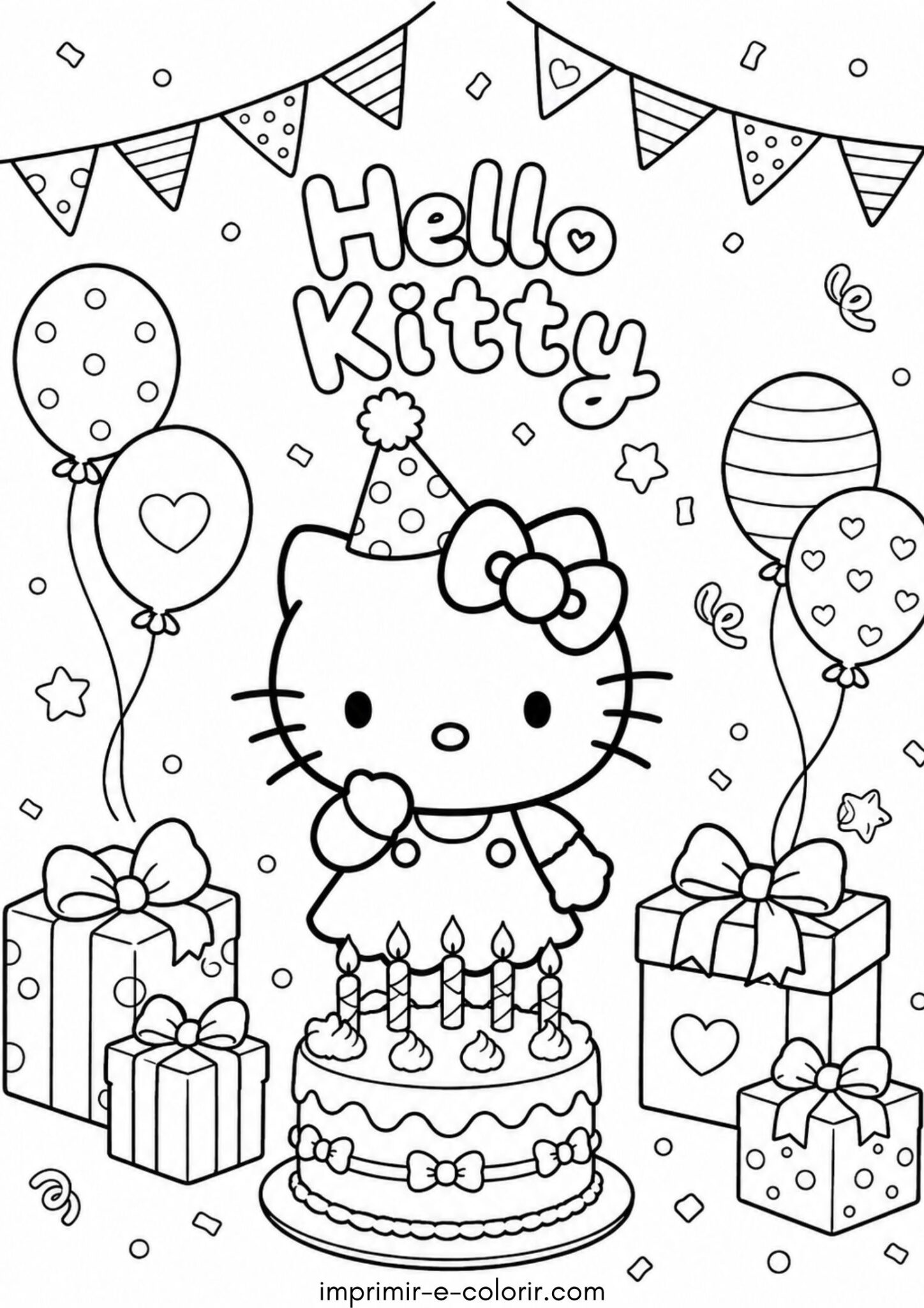 Desenho de Hello Kitty de aniversário para colorir e imprimir