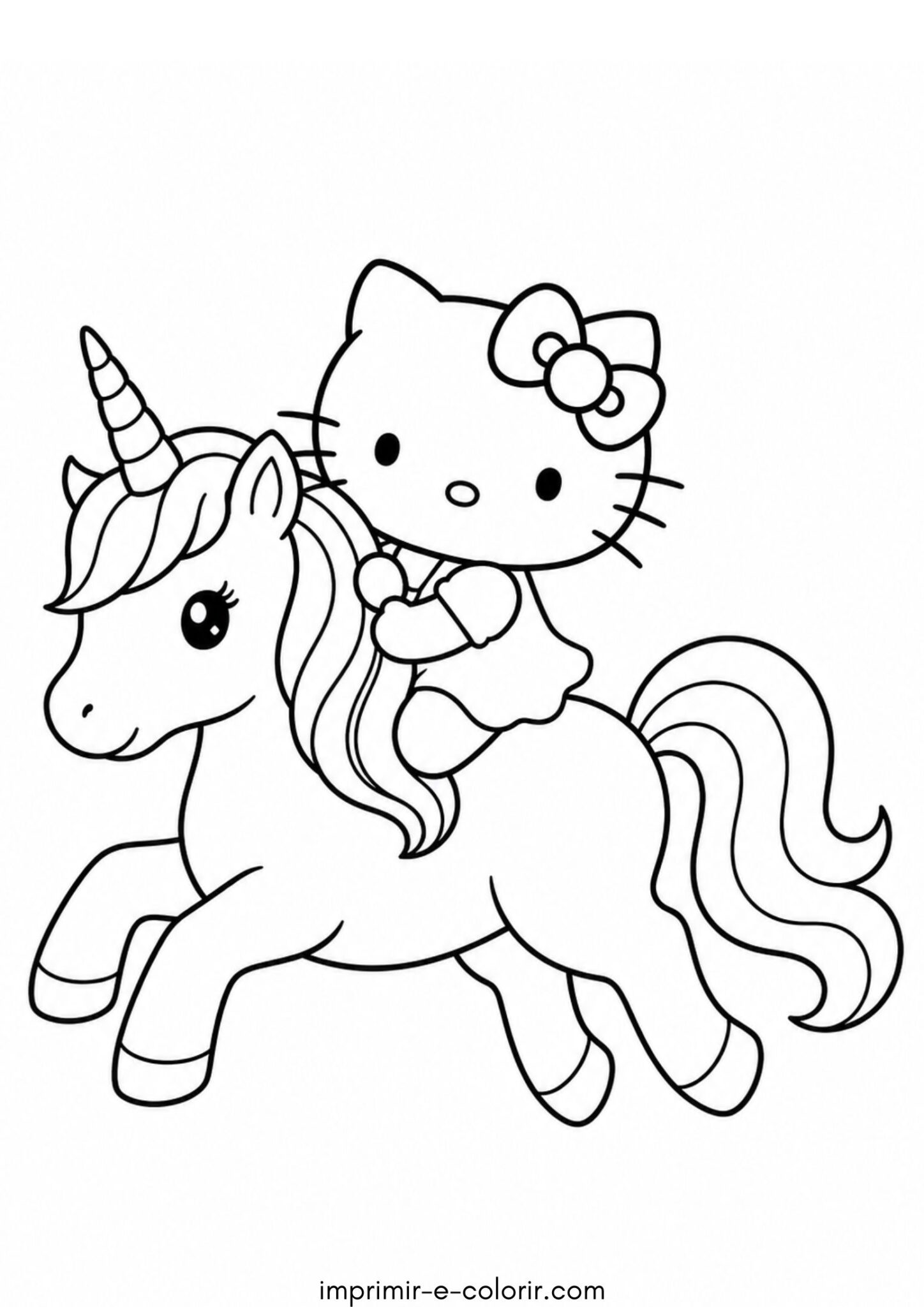 Desenho de Hello Kitty em um unicórnio para colorir e imprimir