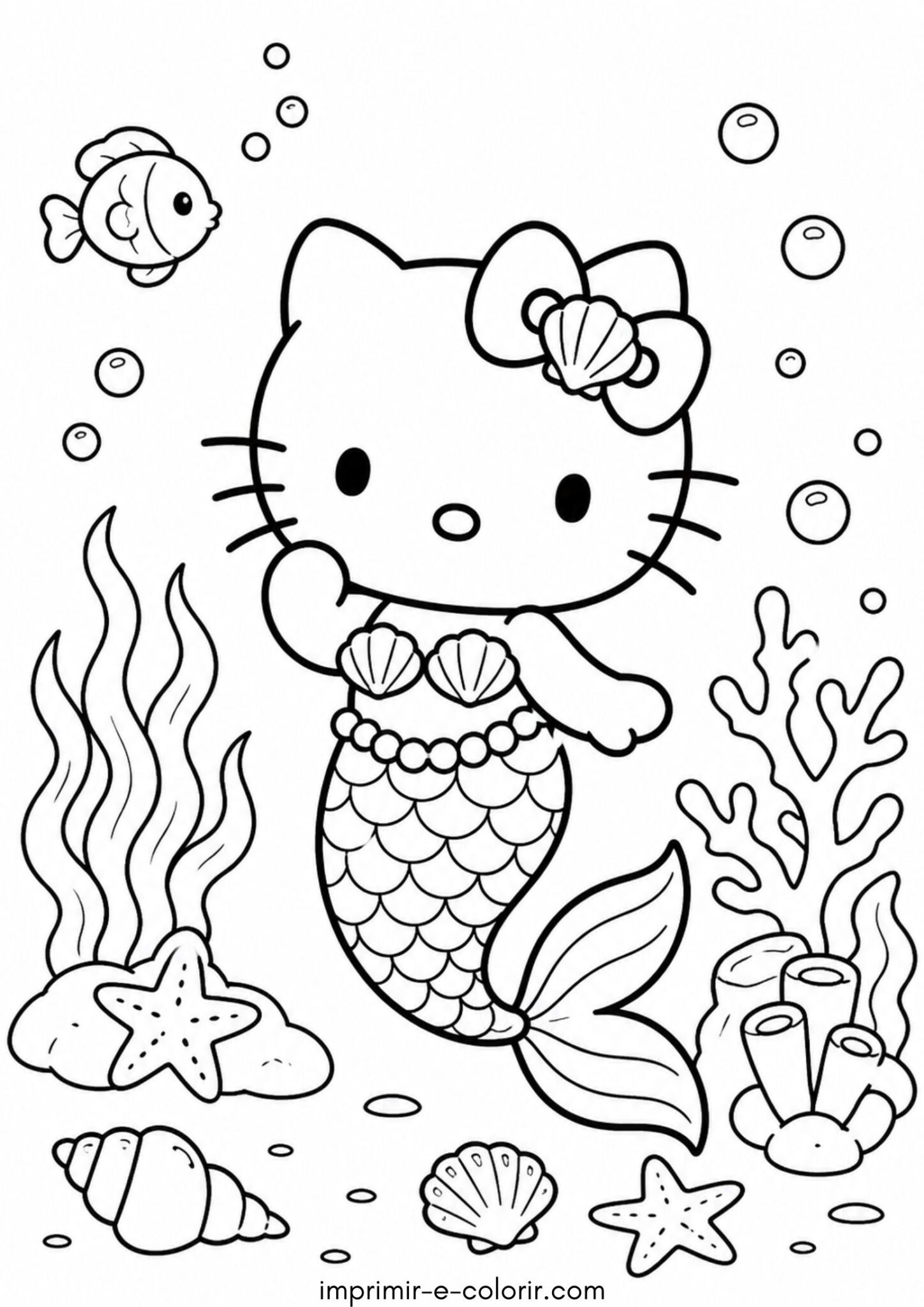 Desenho de Hello Kitty fantasiada de sereia para colorir e imprimir