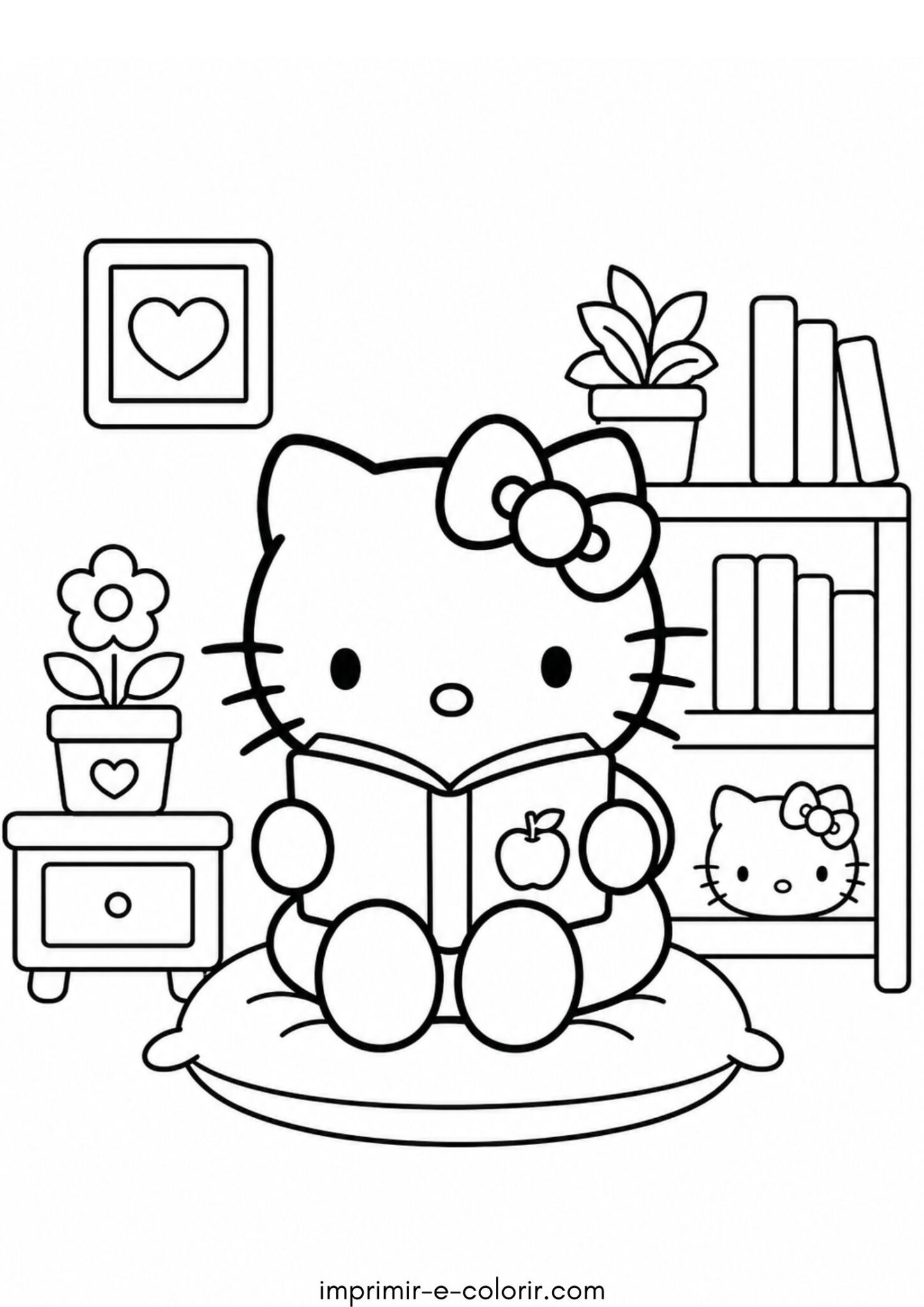 Desenho de Hello Kitty lendo um livro para colorir e imprimir