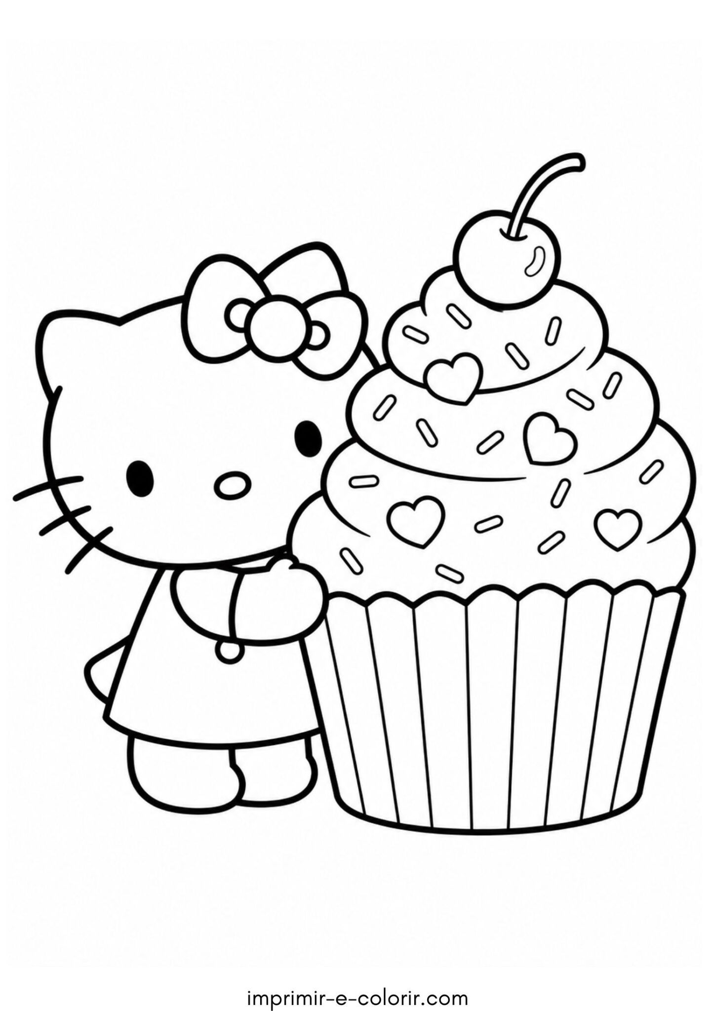 Desenho de Hello Kitty com um cupcake grande para colorir e imprimir