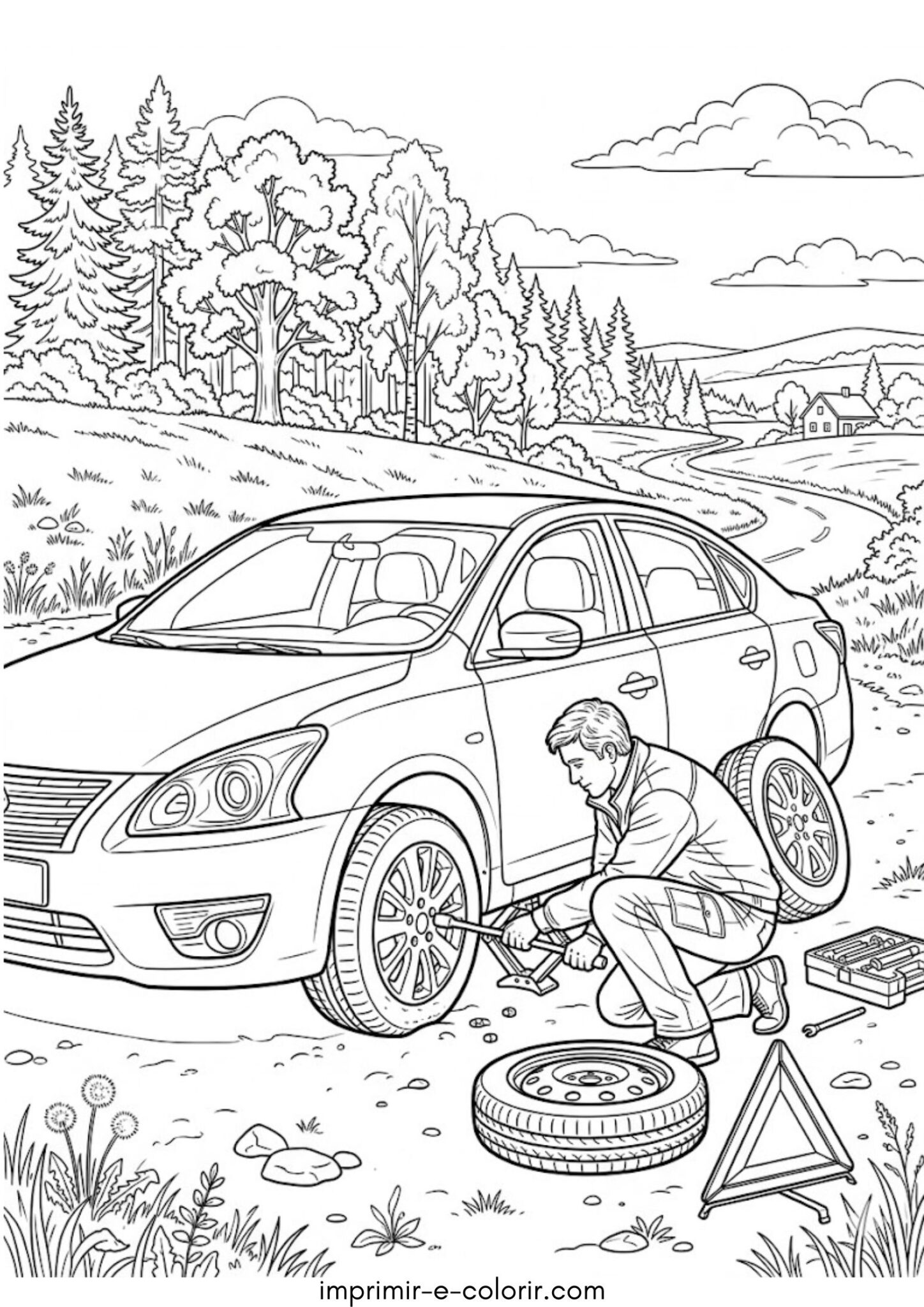 Desenho de Motorista trocando o pneu