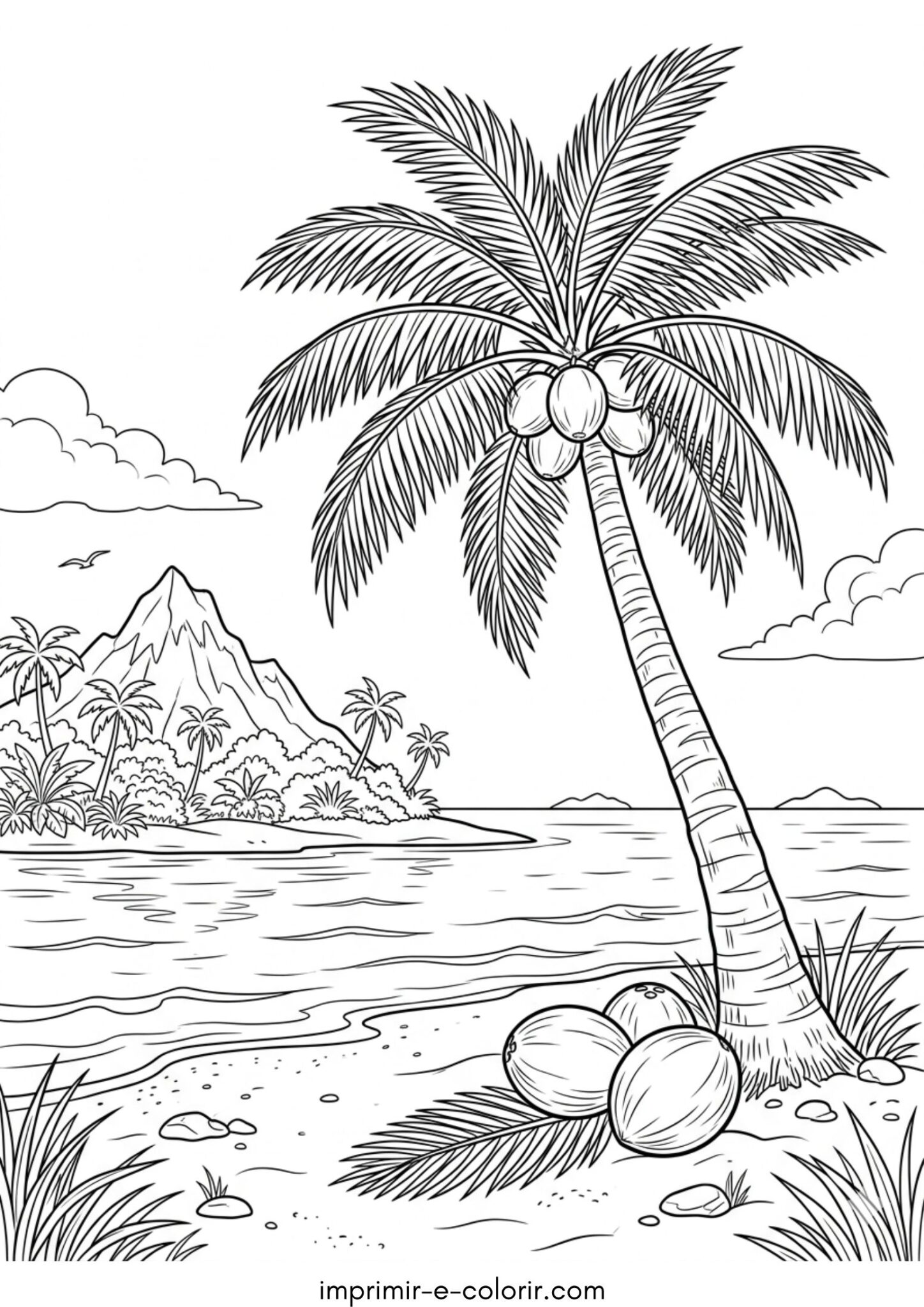 Desenho de Palmeira em uma ilha tropical para colorir e imprimir