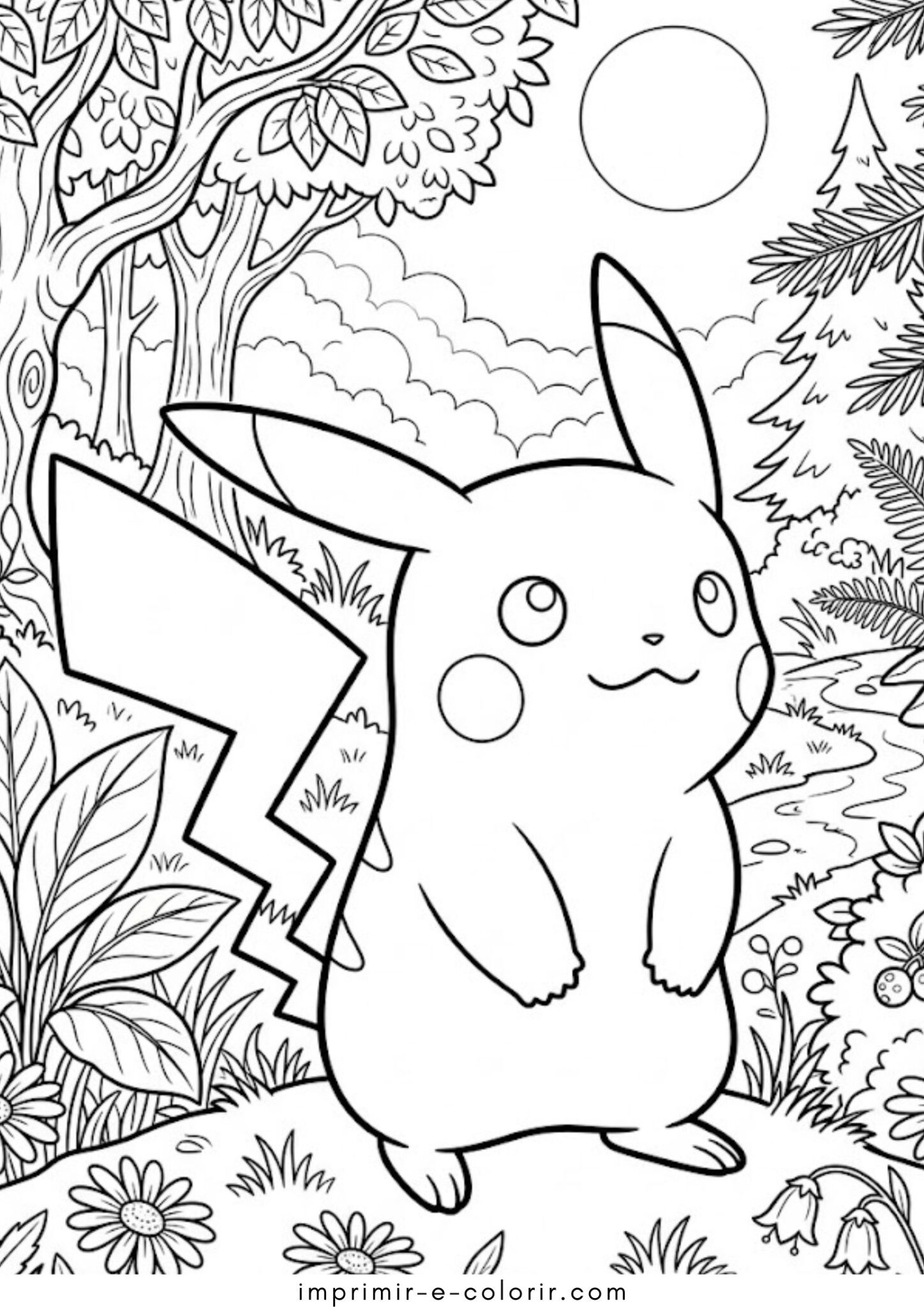 Desenho de Pokémon Pikachu na floresta