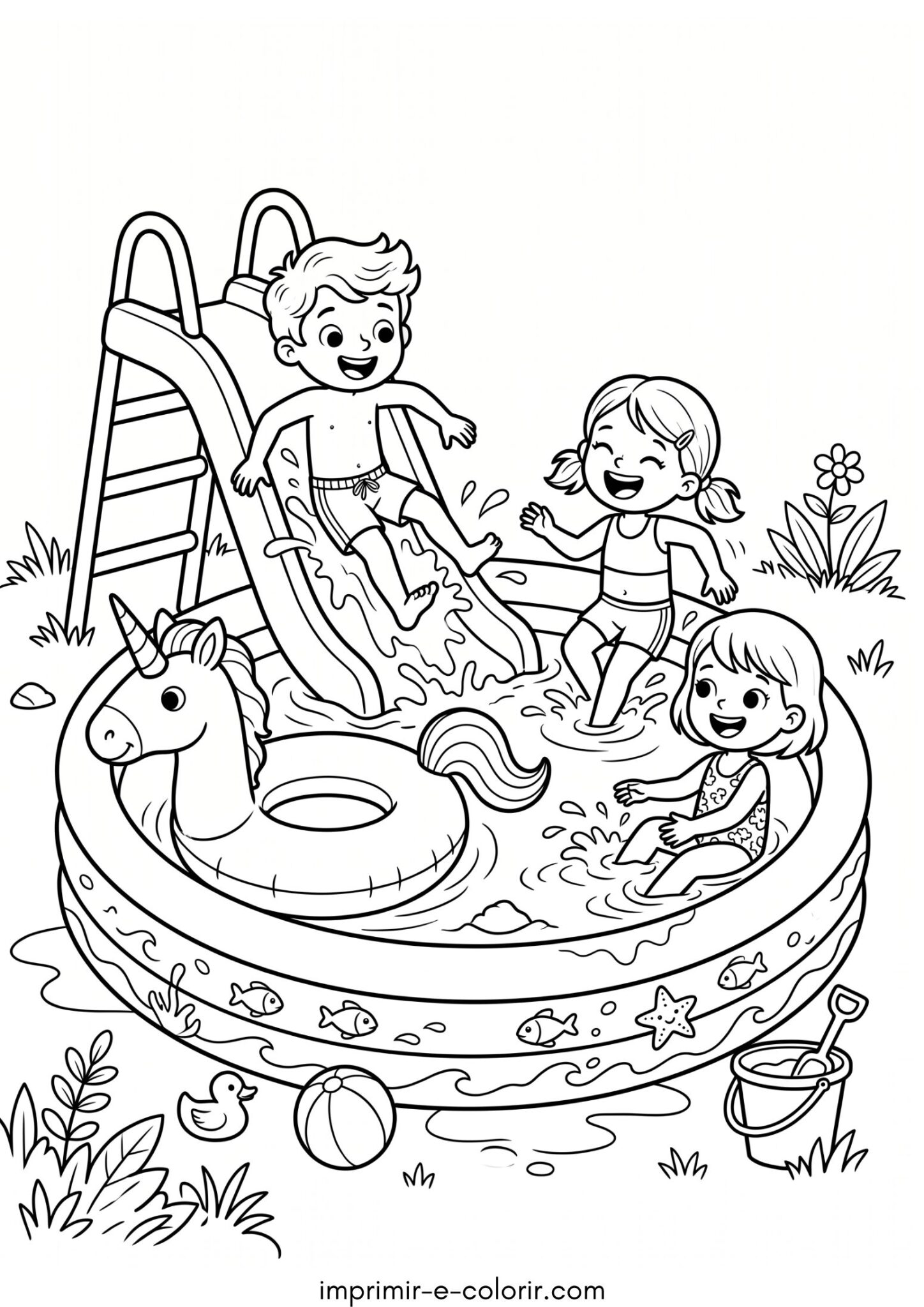 Desenho de Verão – Brincadeiras na piscina infantil para colorir e imprimir