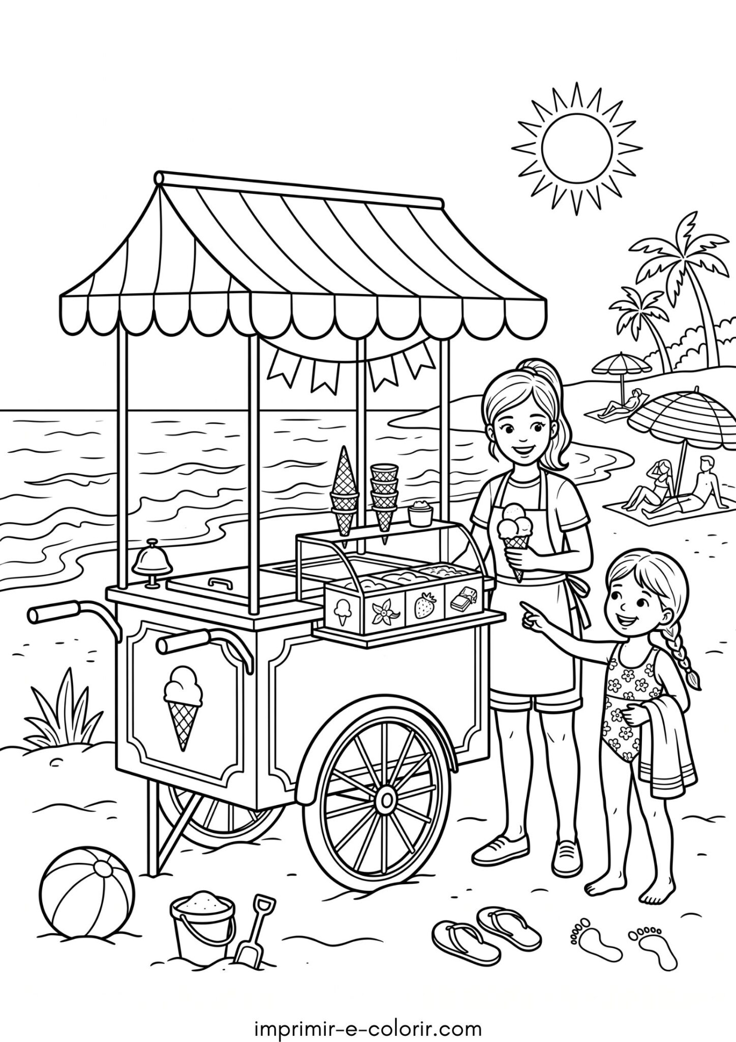 Desenho de Verão – Carrinho de sorvete na praia para colorir e imprimir