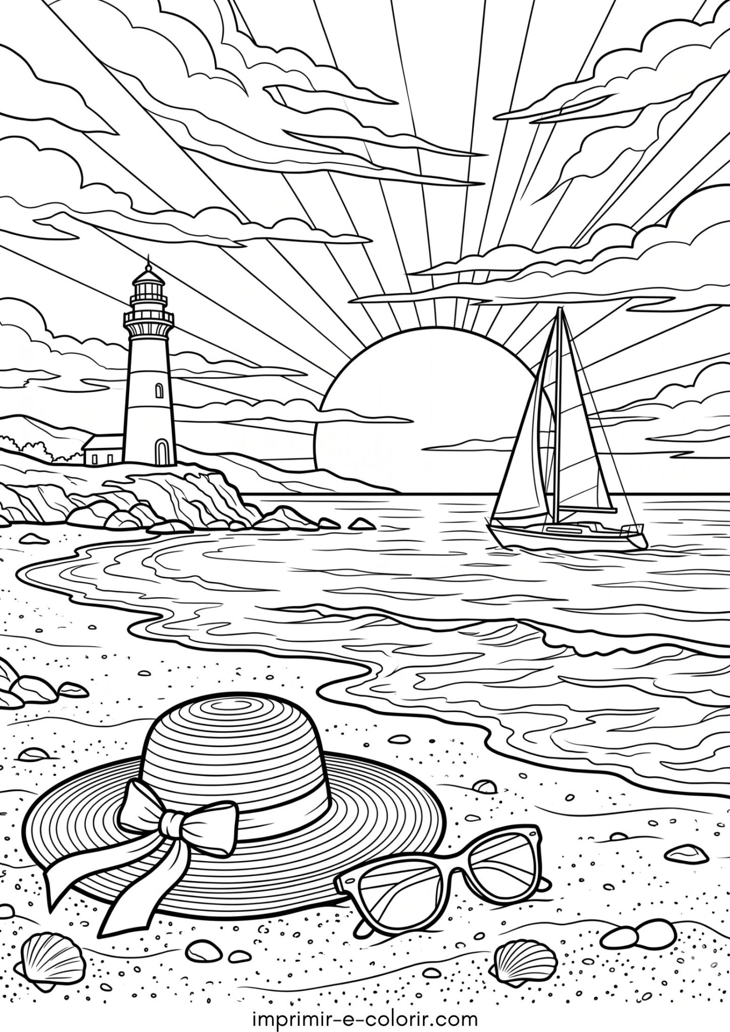 Desenho de Verão – Chapéu de praia e óculos escuros na praia