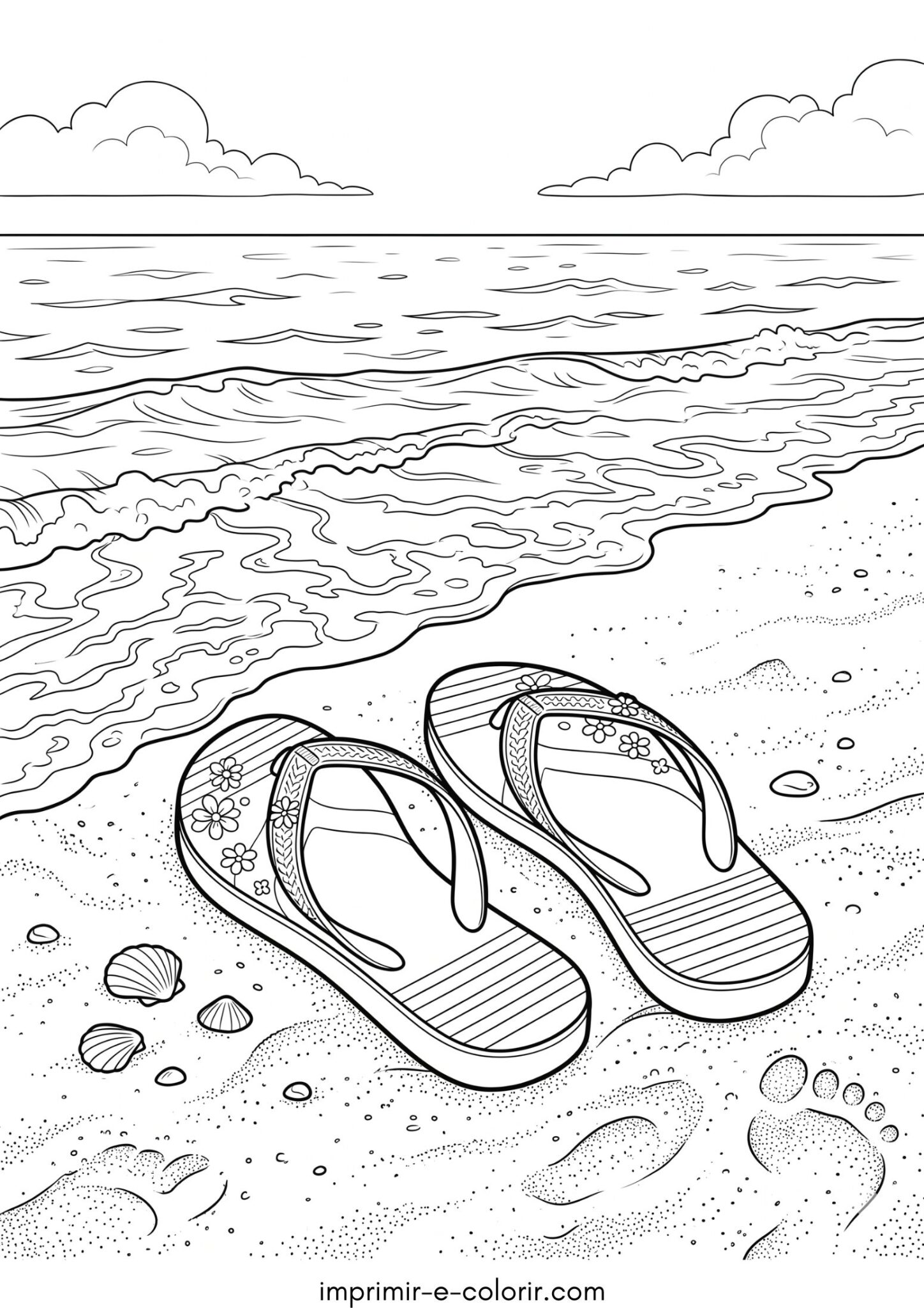 Desenho de Verão – Chinelo de dedo na areia para colorir e imprimir