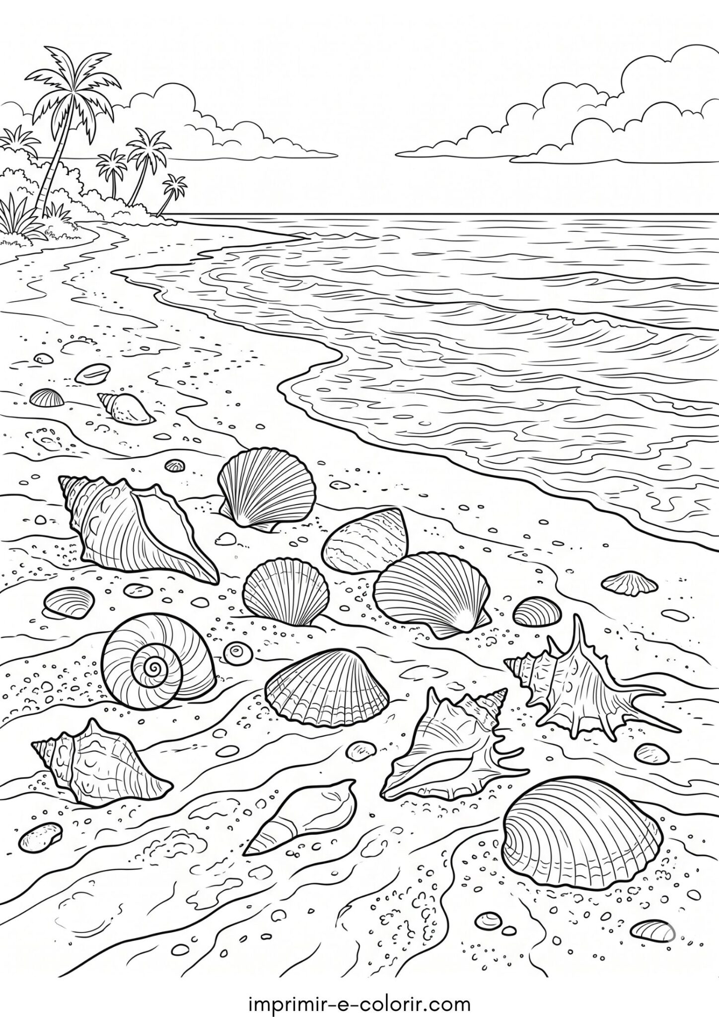 Desenho de Verão – Conchas na areia para colorir e imprimir