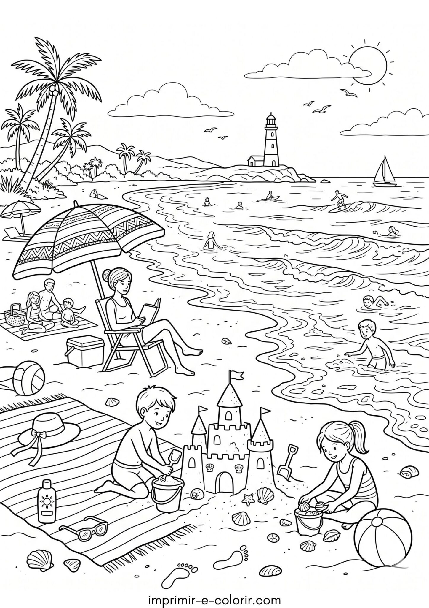 Desenho de Verão – Descanso na praia para colorir e imprimir