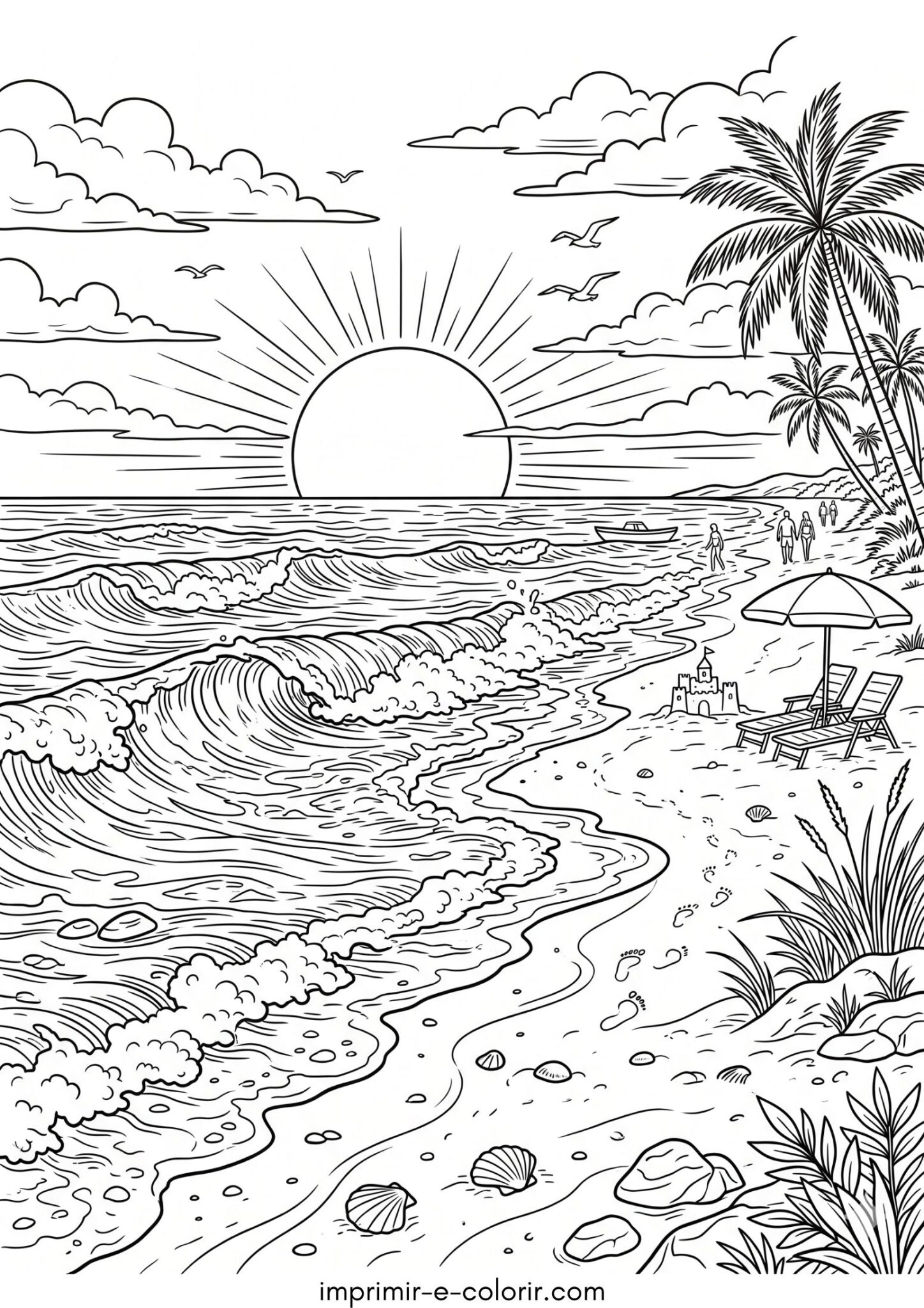 Desenho de Verão – Pôr do sol na praia com ondas para colorir e imprimir