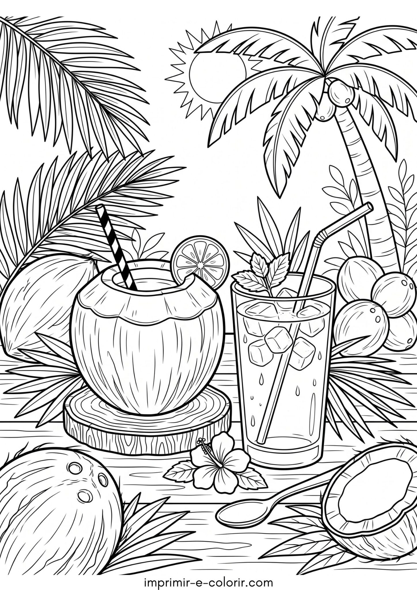 Desenho de Verão – Água de Côco para colorir e imprimir