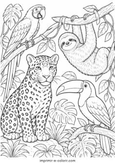 Dia da Amazônia – Animais da Amazônia reunidos: onça, arara, tucano e bicho-preguiça