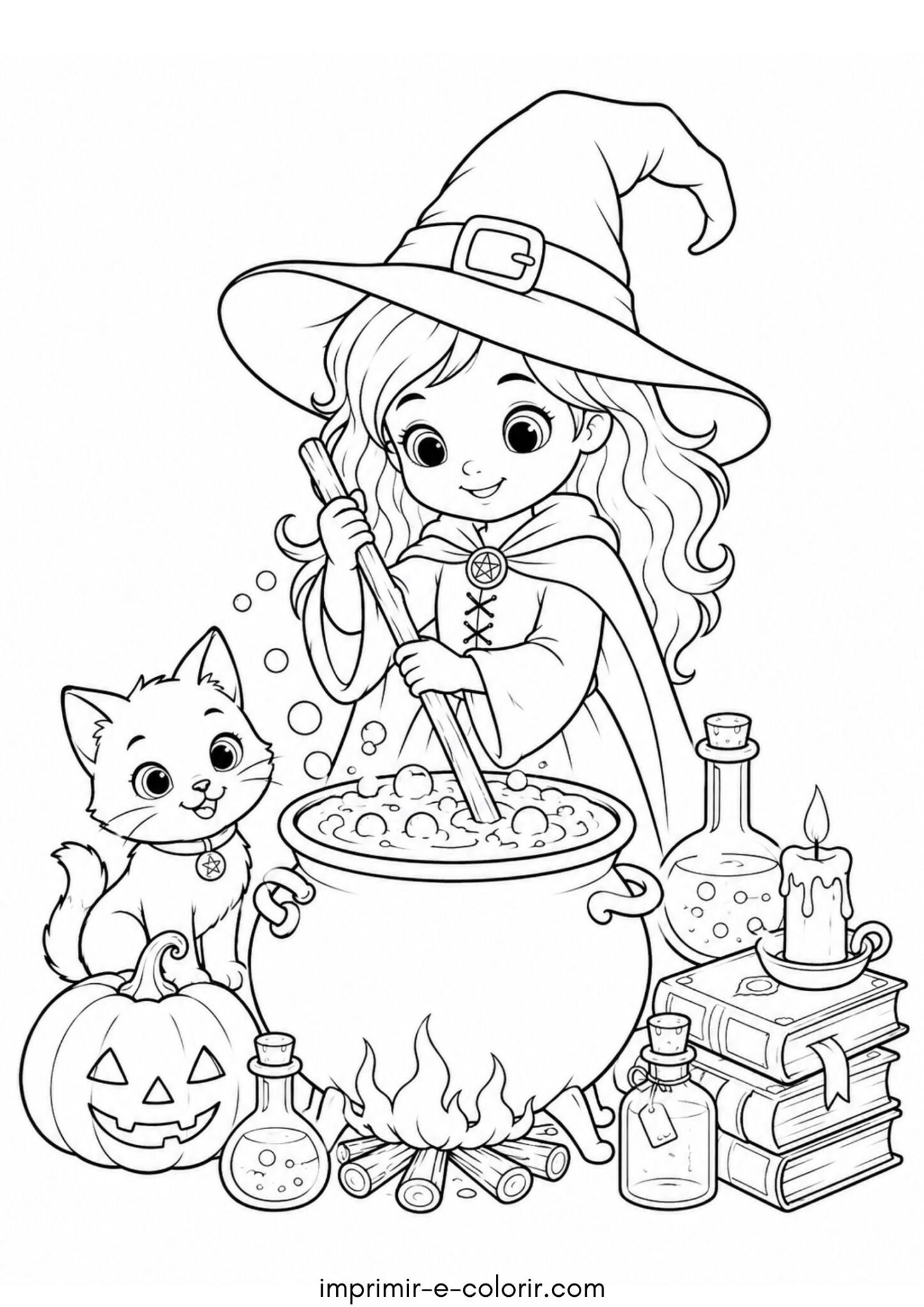 Desenho de Halloween – Bruxinha fofa no caldeirão mágico