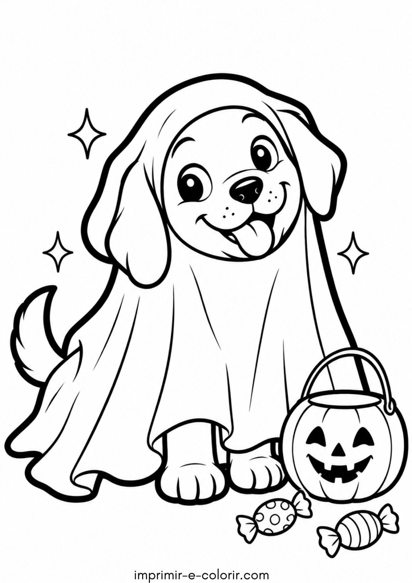 Desenho de Halloween – Cachorrinho fantasiado de fantasma para colorir e imprimir