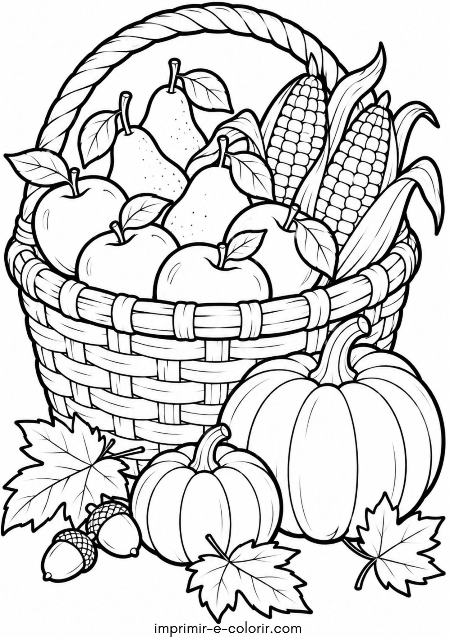 Desenho de Cesta de colheita de outono com frutas e abóboras