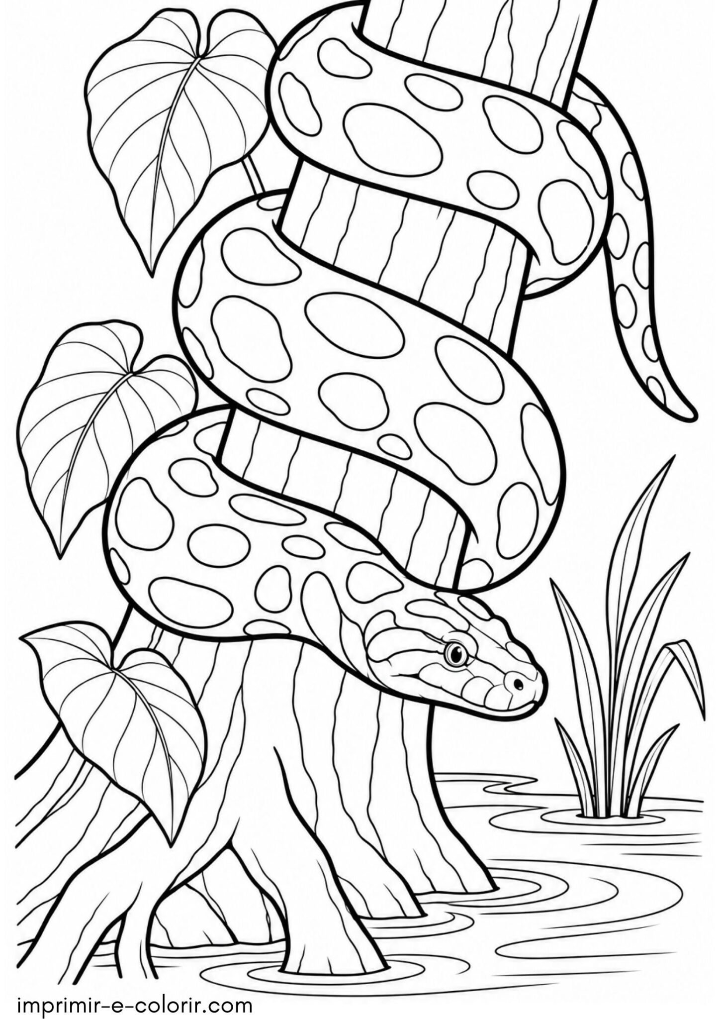 Desenho de Dia da Amazônia – Cobra sucuri enrolada no tronco perto do rio
