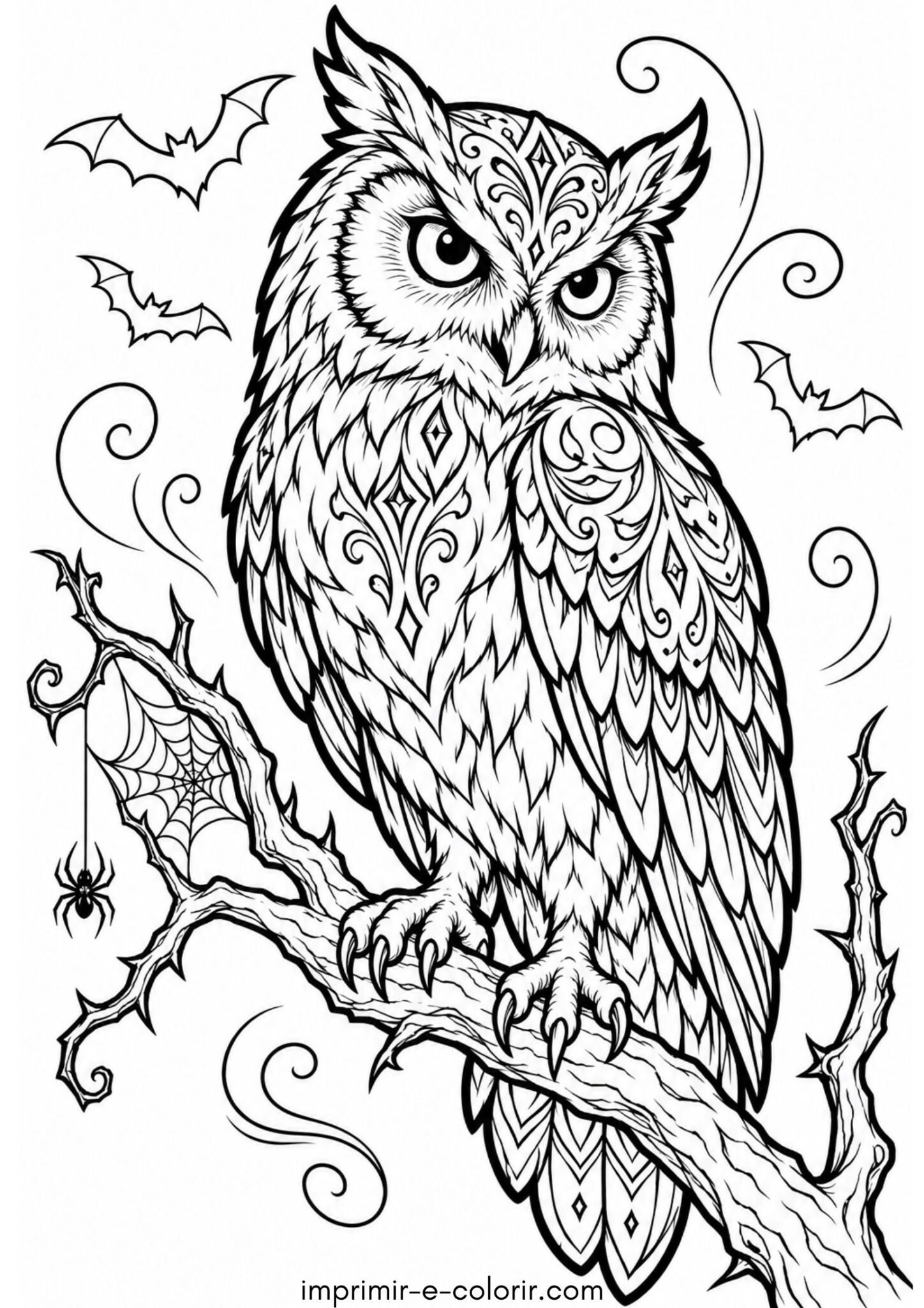 Desenho de Halloween – Coruja de Halloween no galho seco para colorir e imprimir Desenho de Halloween – Coruja de Halloween no galho seco para colorir e imprimir