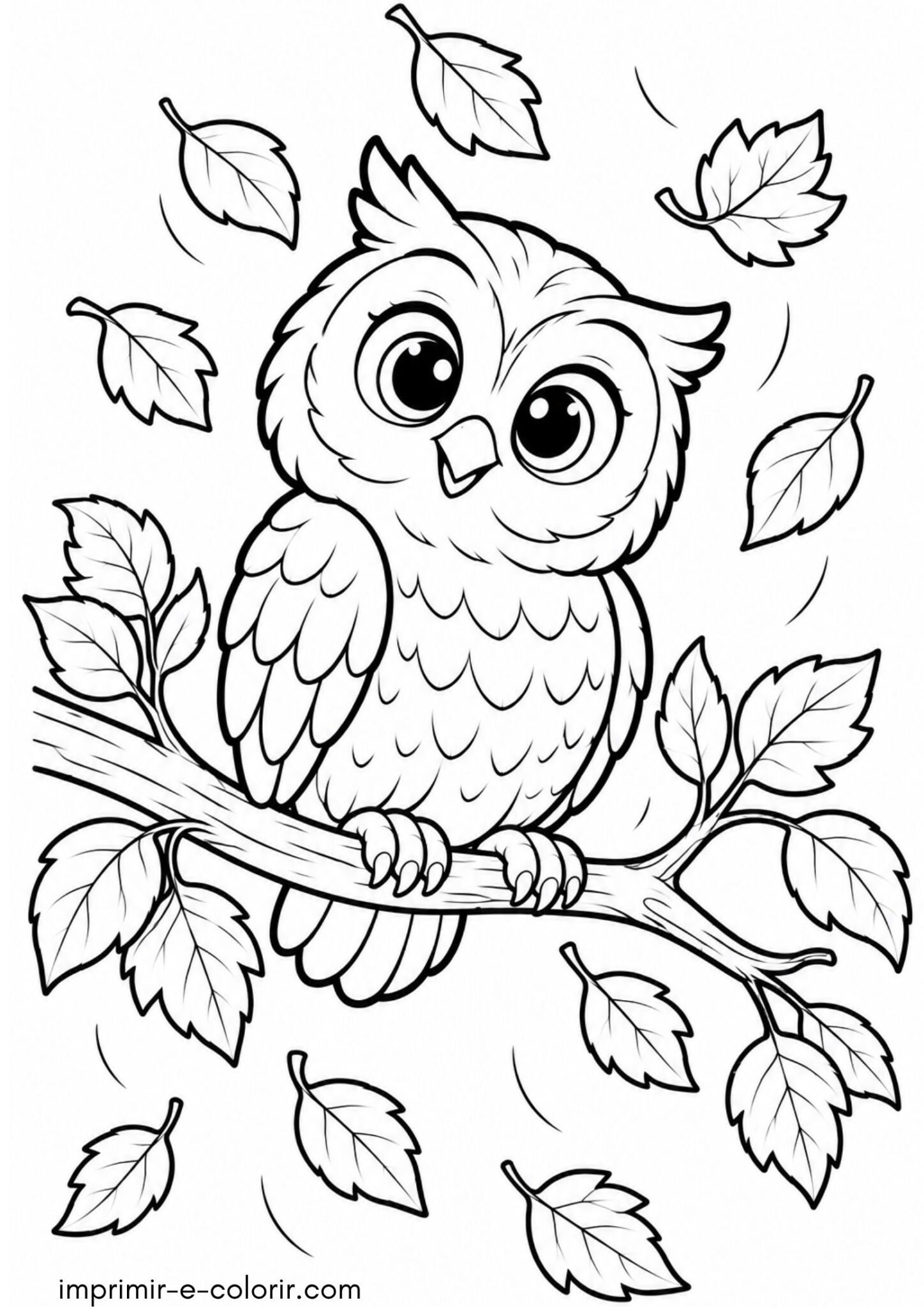 Desenho de Outono – Coruja no galho com folhas caindo para colorir e imprimir Desenho de Outono – Coruja no galho com folhas caindo para colorir e imprimir
