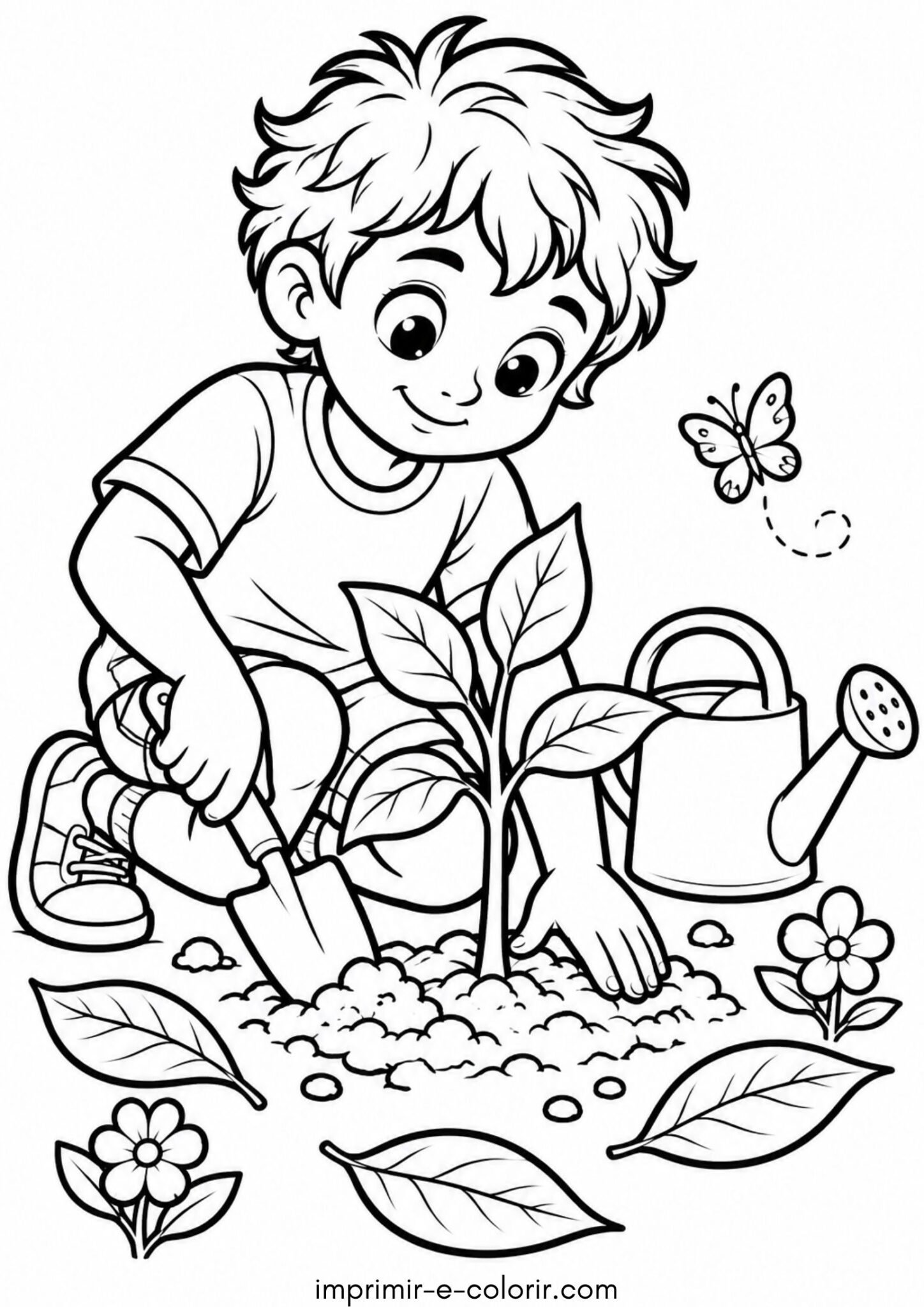 Desenho de Dia da Amazônia – Criança plantando uma muda de árvore na floresta