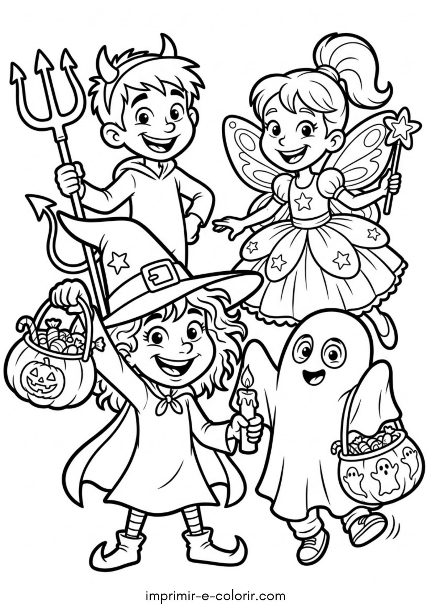 Desenho de Halloween – Crianças fantasiadas pedindo doces
