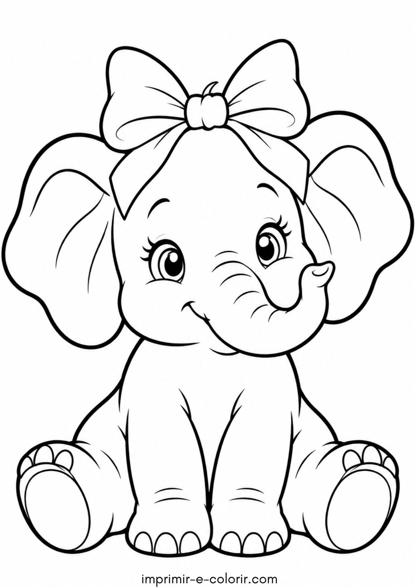 Desenho de Elefantinho sentado com laço na cabeça