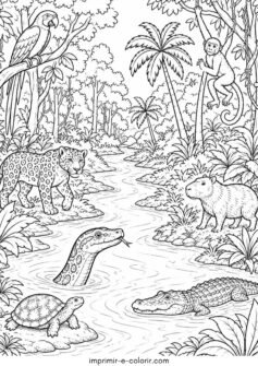 Dia da Amazônia – Floresta Amazônica com rio, árvores e animais