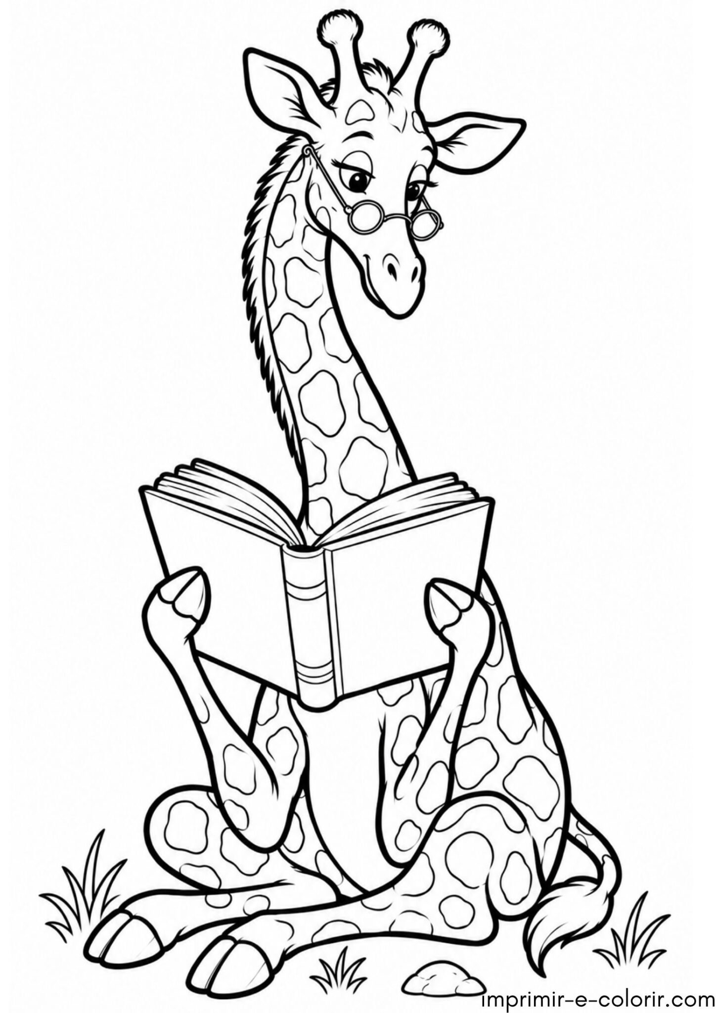 Desenho de Girafa de óculos lendo um livro na savana para colorir e imprimir
