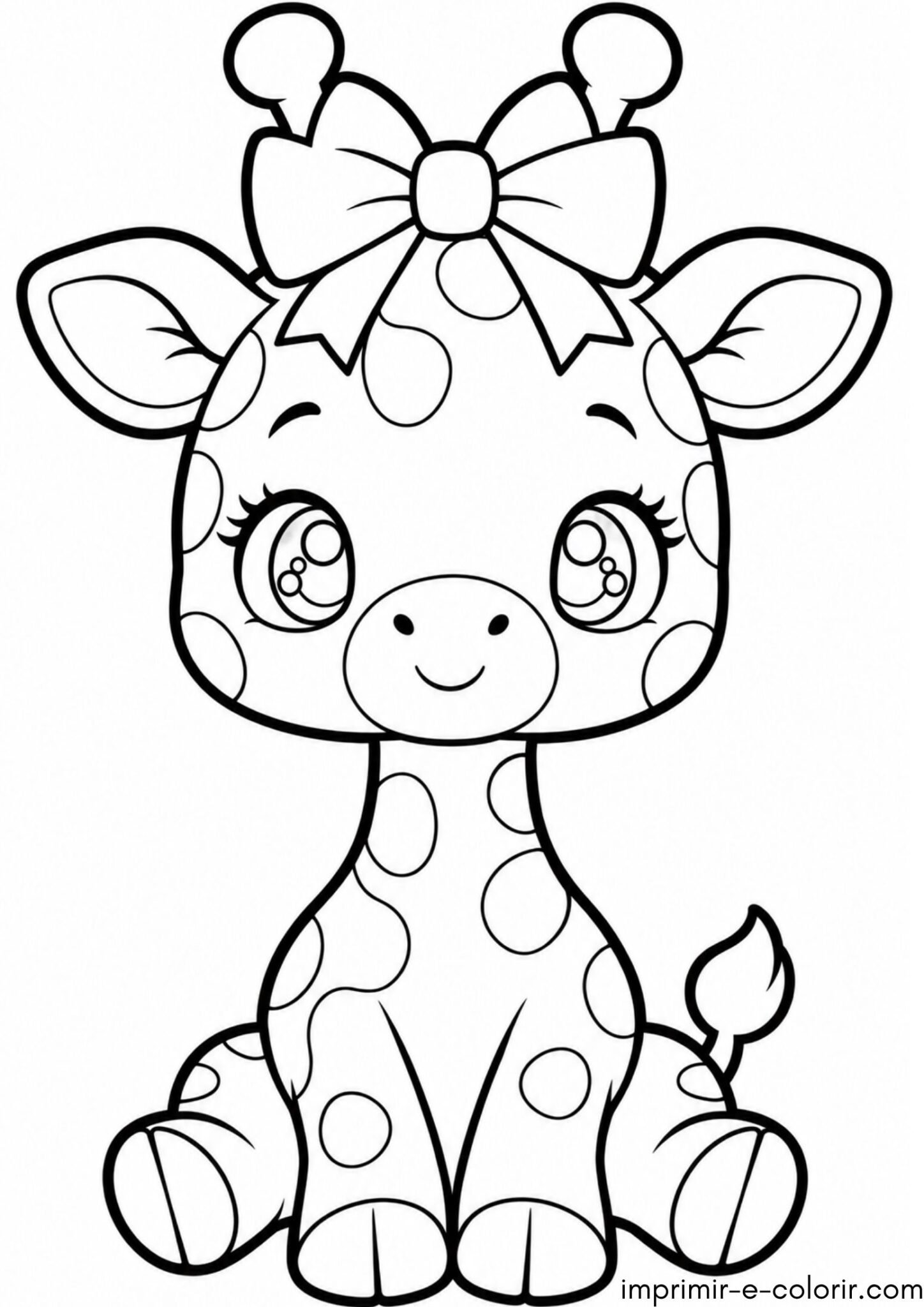 Desenho de Girafinha kawaii com laço na cabeça para colorir e imprimir
