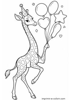 Girafinha segurando balões de festa de aniversário