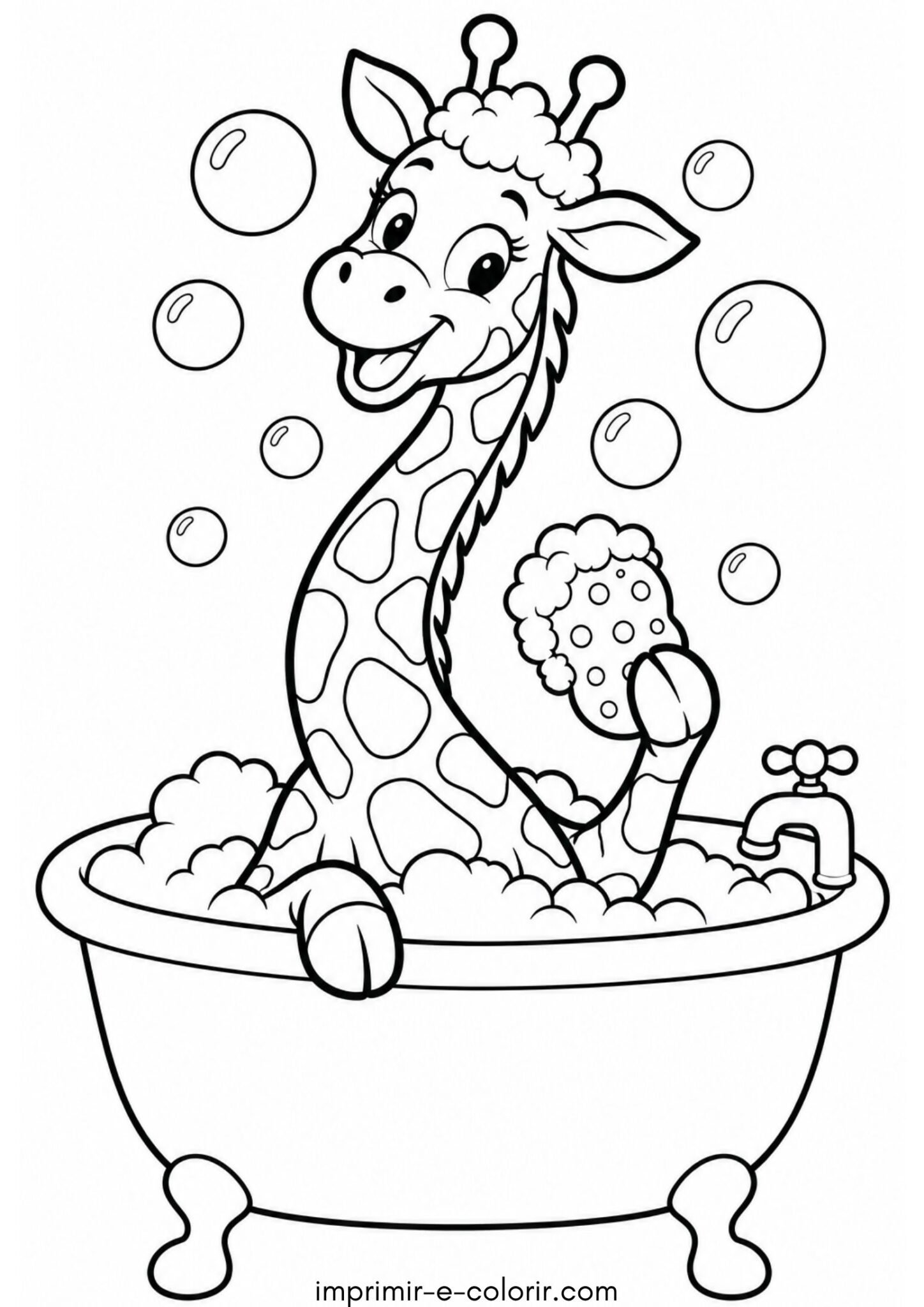 Desenho de Girafinha tomando banho na banheira com espuma para colorir e imprimir