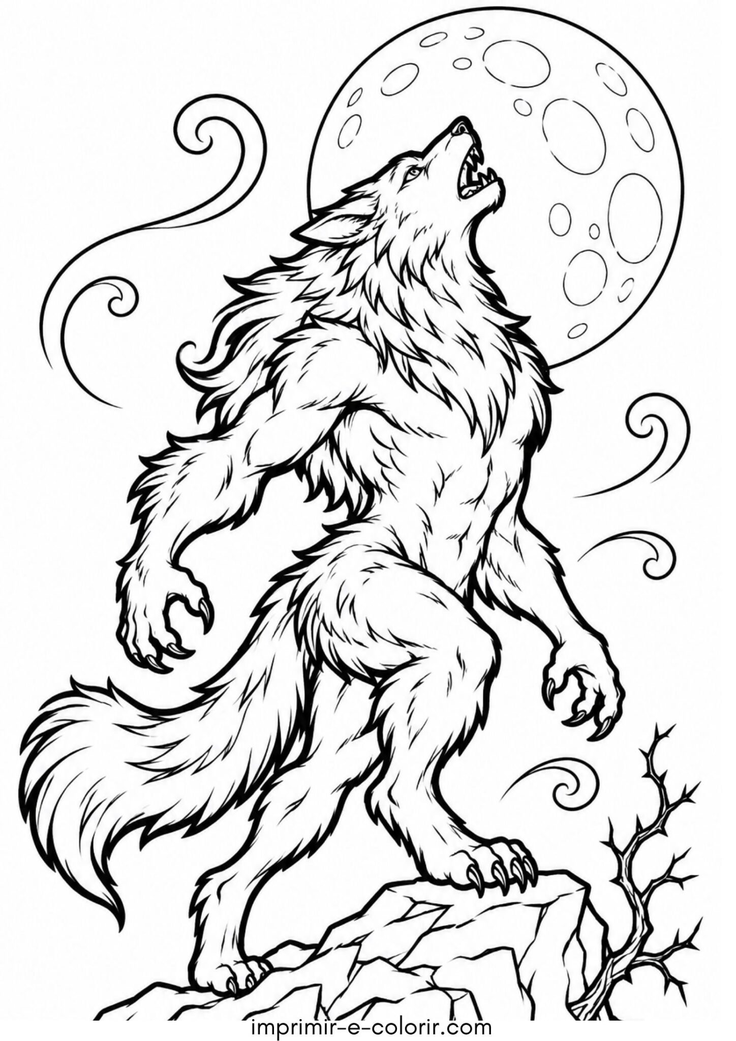 Desenho de Halloween – Lobisomem uivando para a lua cheia