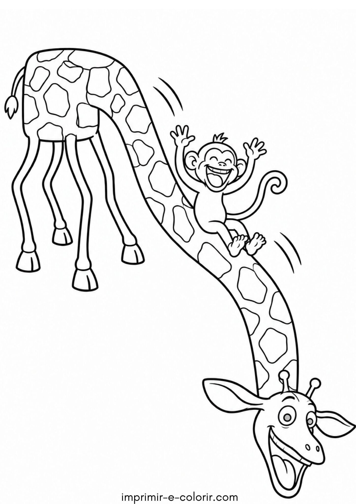 Desenho de Macaquinho descendo pelo pescoço da girafa como escorregado para colorir e imprimir