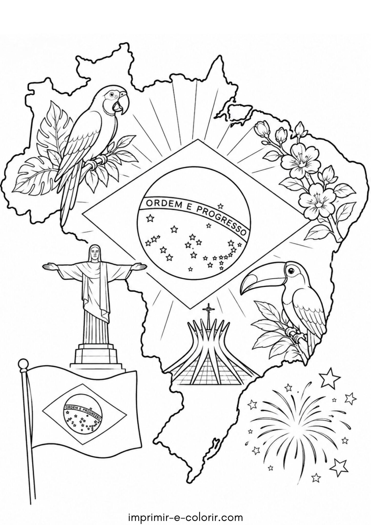 Desenho de Independência do Brasil – Mapa do Brasil com elementos patrióticos