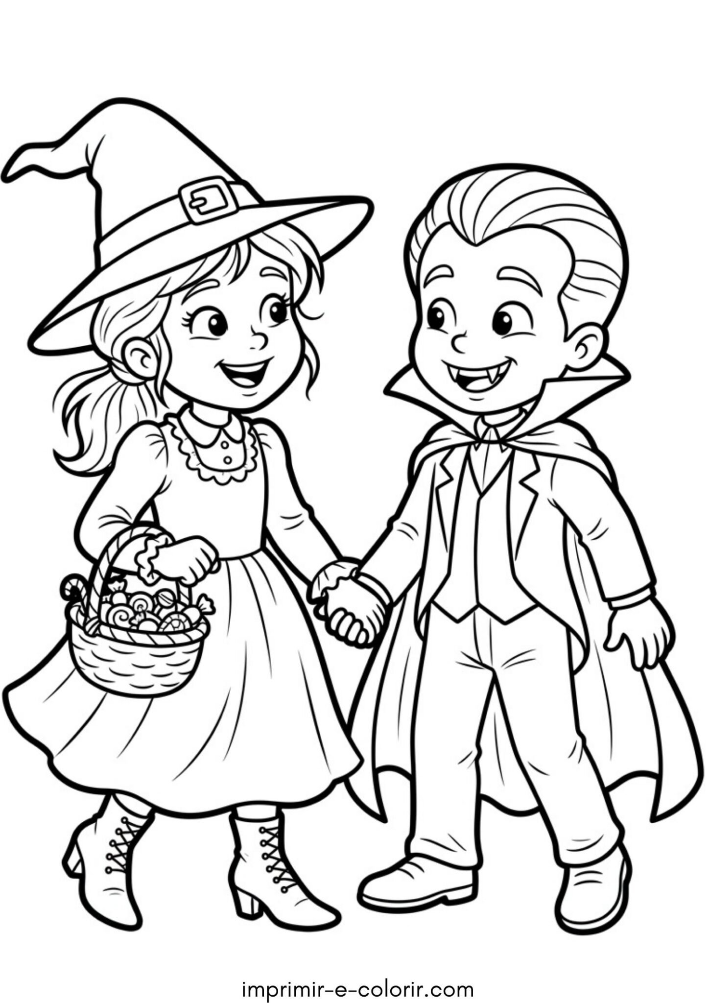 Desenho de Halloween – Menina fantasiada de bruxa e menino de vampiro