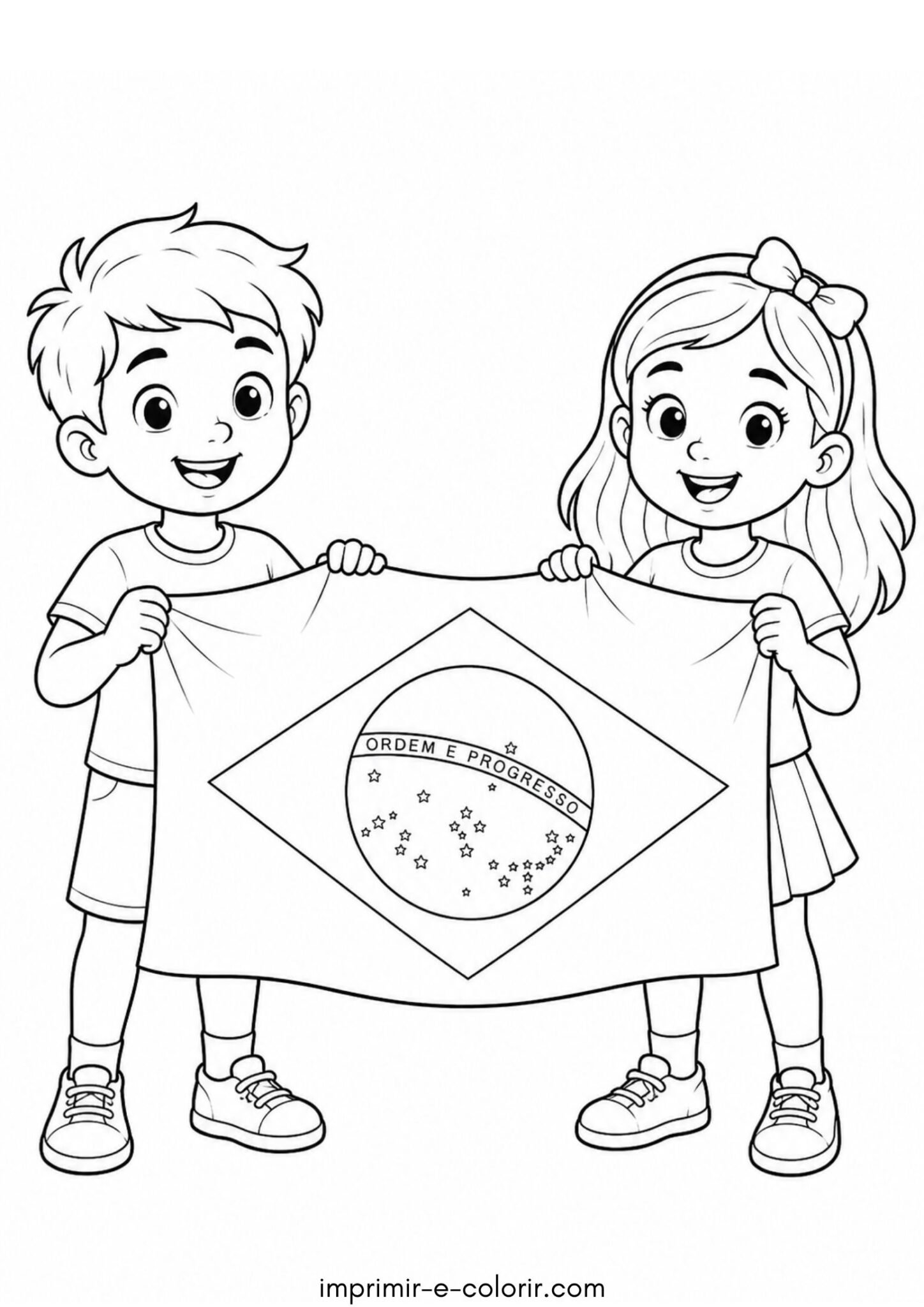 Desenho de Independência do Brasil – Menino e menina segurando a Bandeira do Brasil para colorir e imprimir
