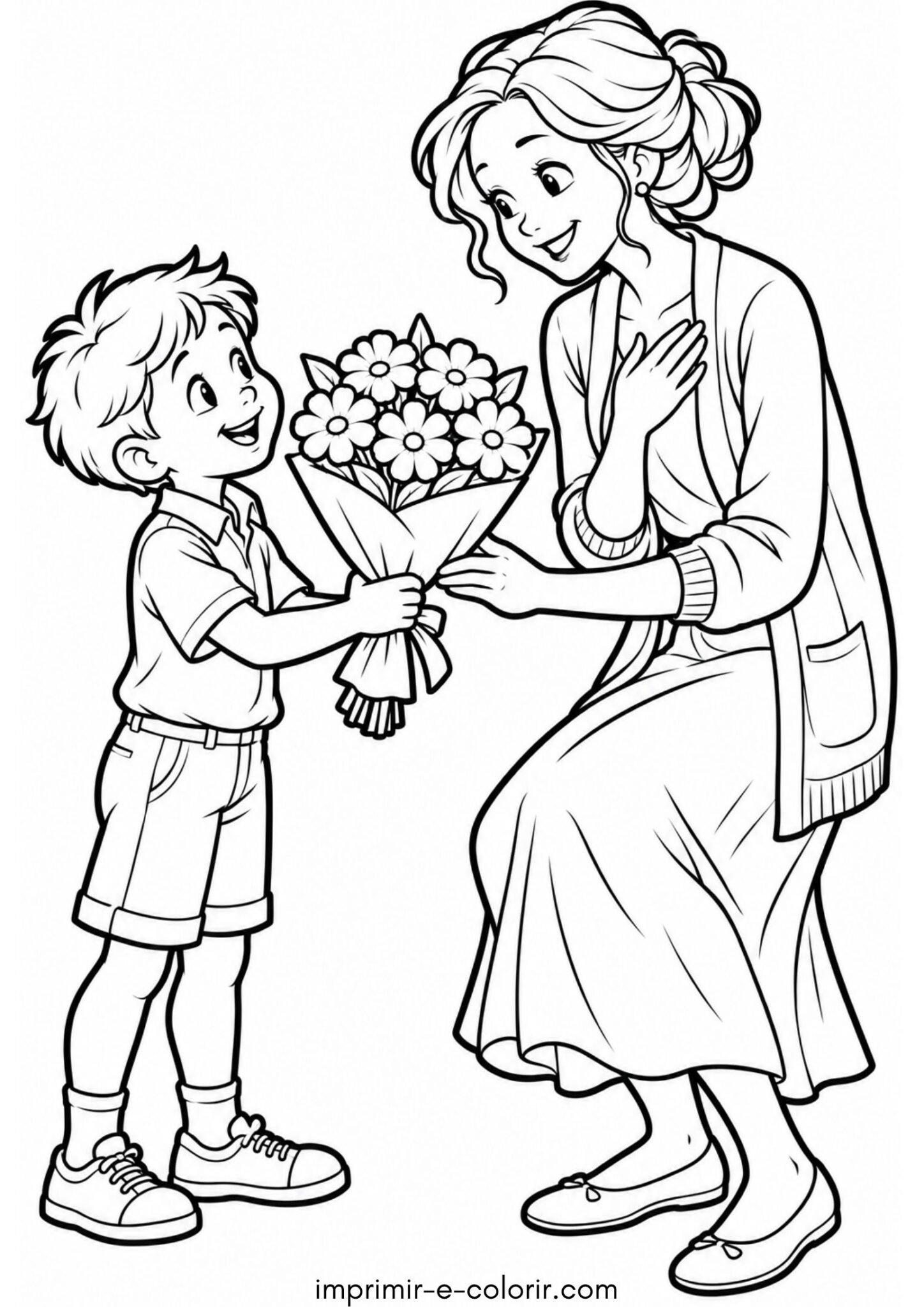 Desenho de Dia dos Professores – Menino entregando um buquê de flores para a professora para colorir e imprimir Desenho de Dia dos Professores – Menino entregando um buquê de flores para a professora para colorir e imprimir