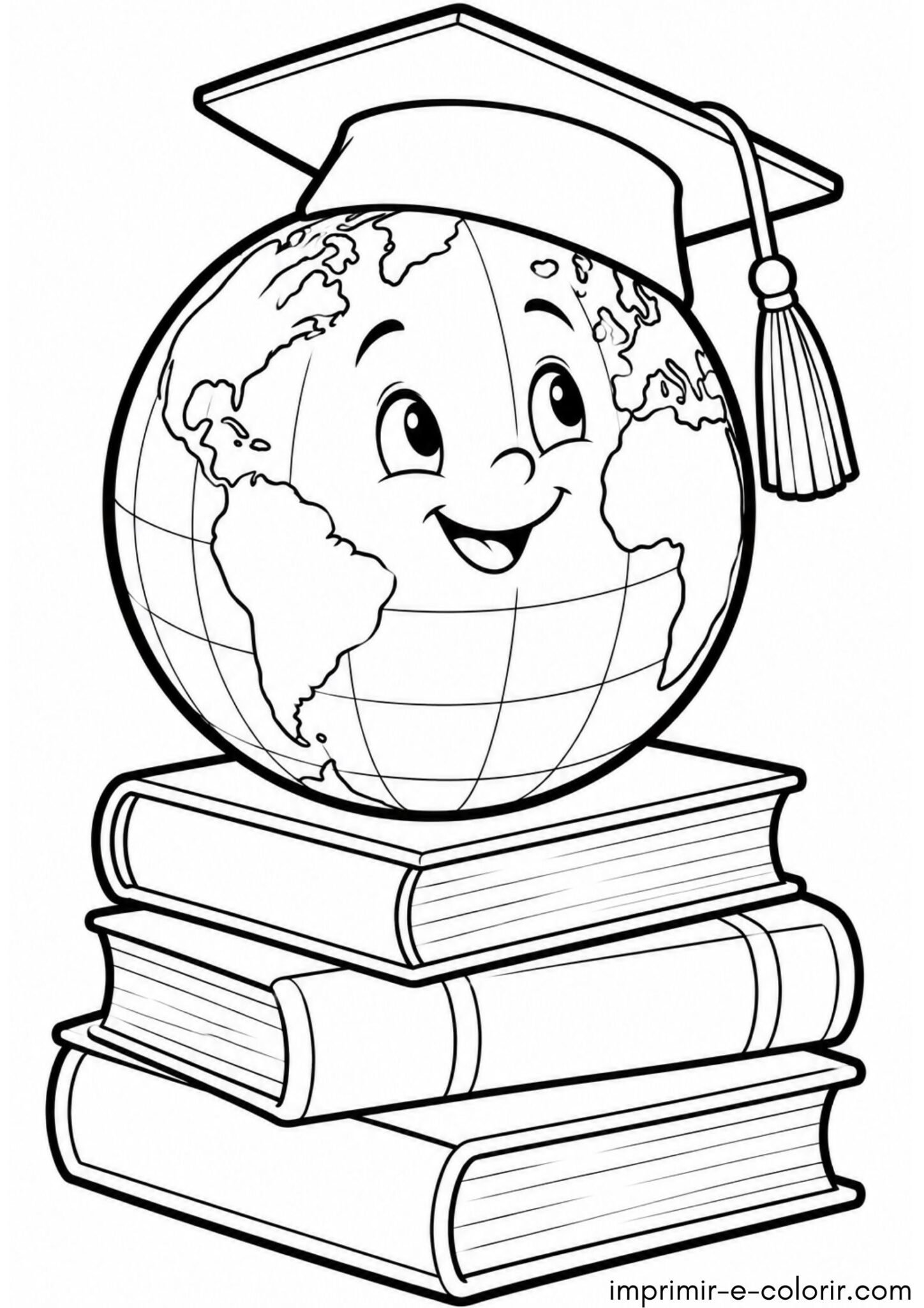 Desenho de Dia dos Professores – Mundo com capelo de formatura e livros para colorir e imprimir Desenho de Dia dos Professores – Mundo com capelo de formatura e livros para colorir e imprimir