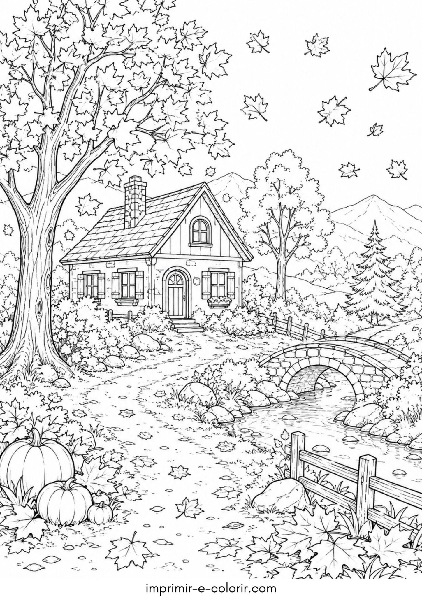 Desenho de Paisagem de outono com casinha