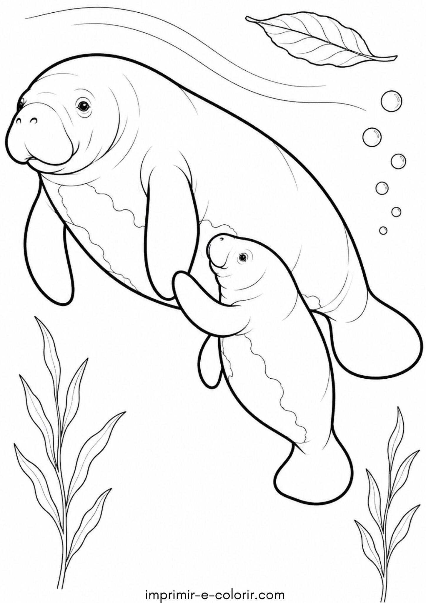 Desenho de Dia da Amazônia – Peixe-boi da Amazônia nadando com filhote