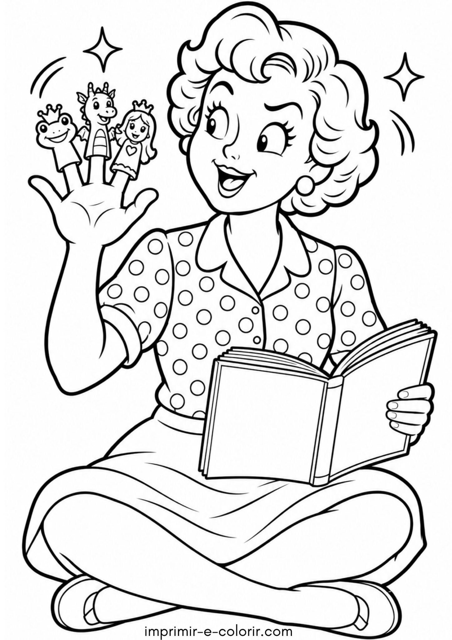 Desenho de Dia dos Professores – Professora lendo história com fantoches de dedo para colorir e imprimir Desenho de Dia dos Professores – Professora lendo história com fantoches de dedo para colorir e imprimir