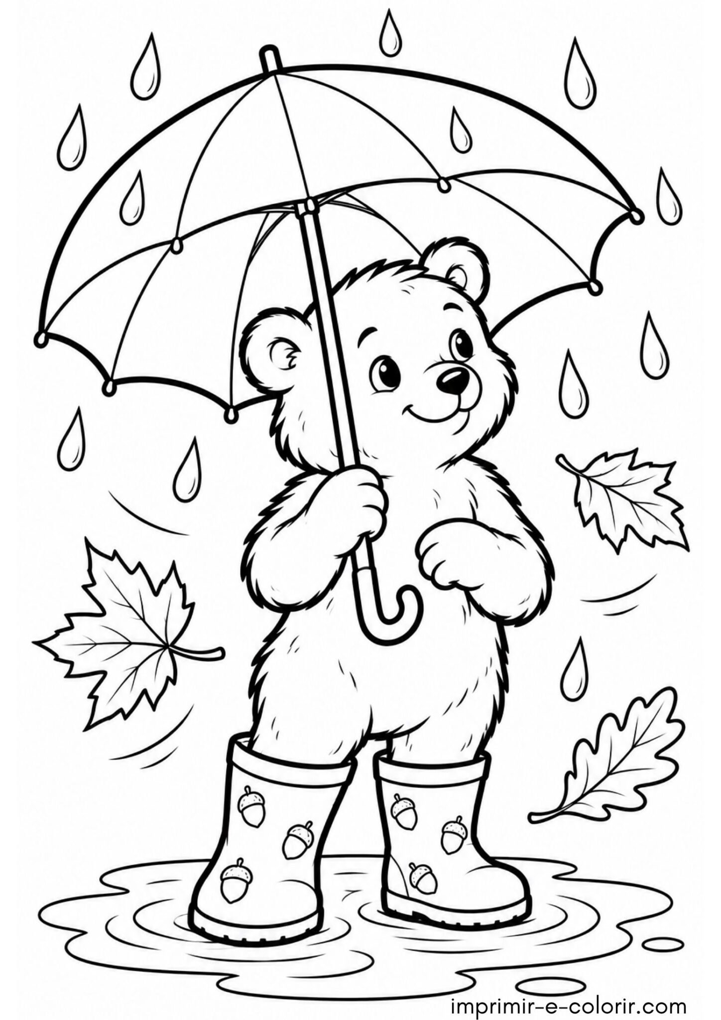 Desenho de Outono – Ursinho de galochas sob o guarda-chuva