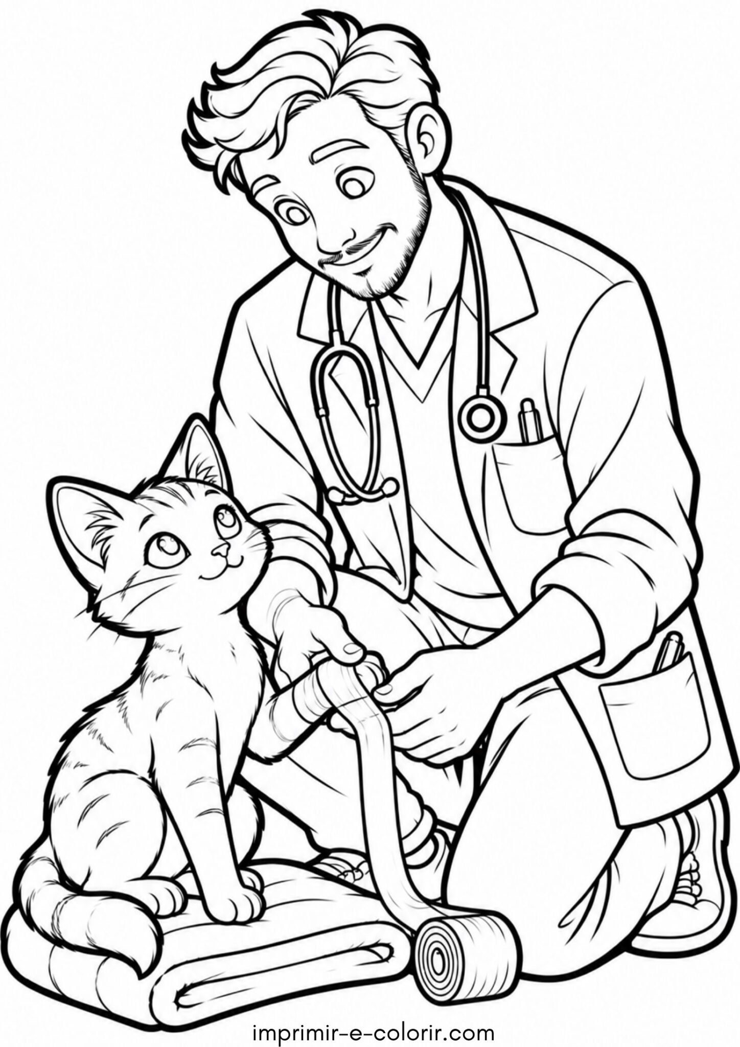Desenho de Dia dos Animais – Veterinário fazendo curativo na patinha do gatinho para colorir e imprimir Desenho de Dia dos Animais – Veterinário fazendo curativo na patinha do gatinho para colorir e imprimir